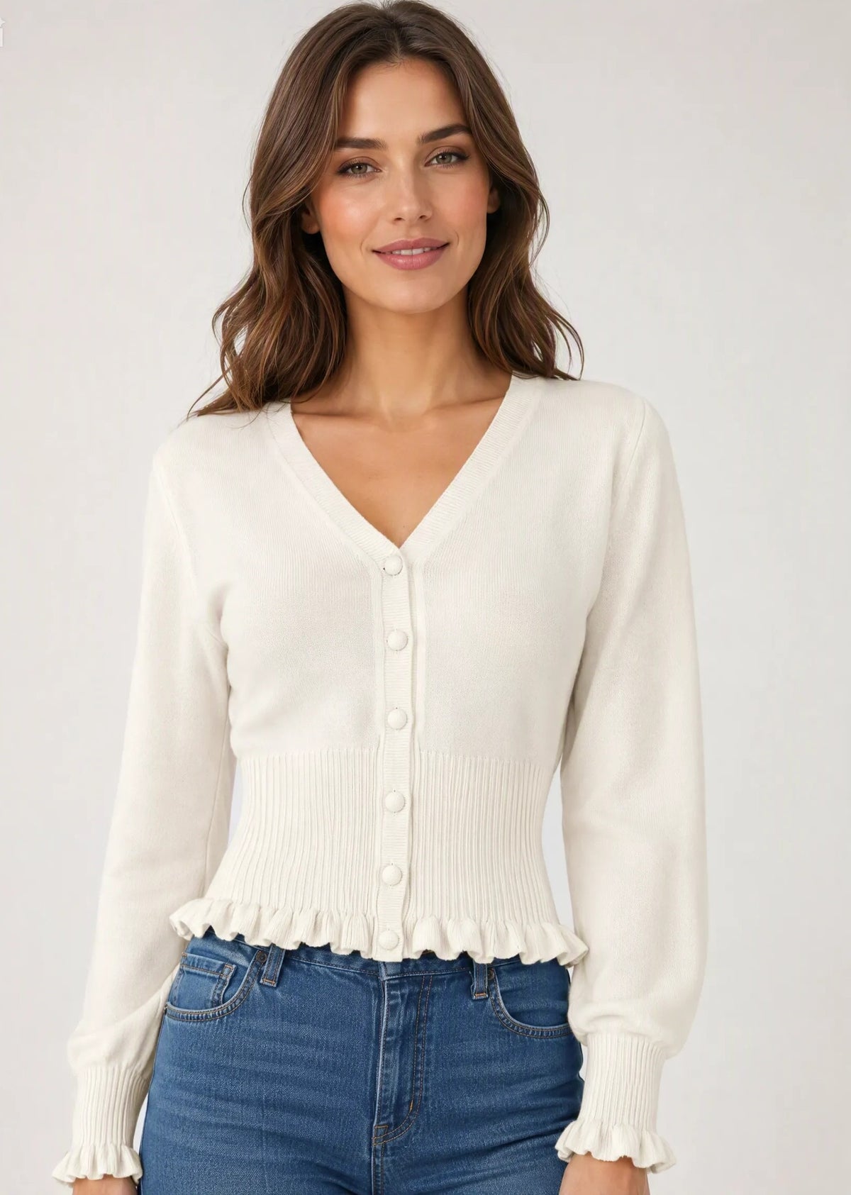 Cardigan con orlo arricciato|Colore:Bianco
