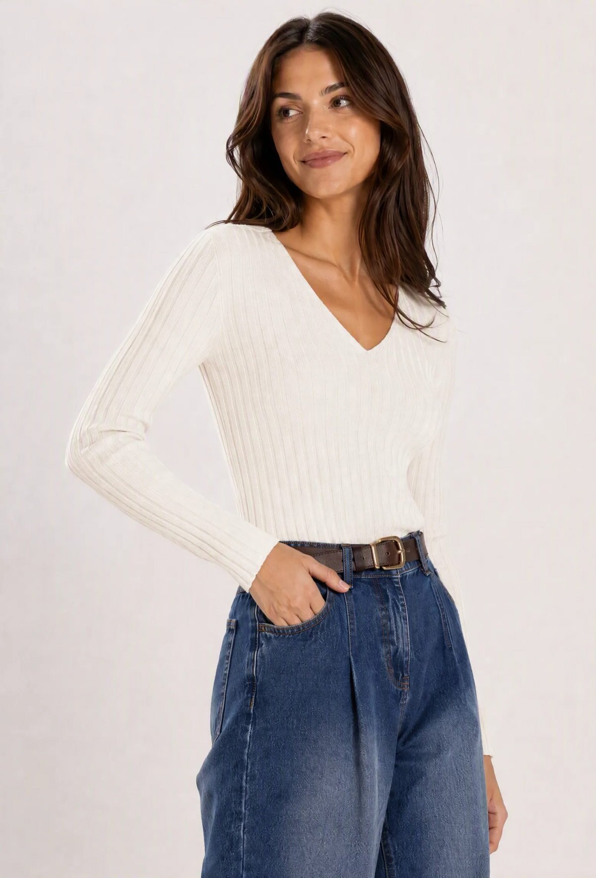 Maglia scollo a V a costine|Colore:Avorio