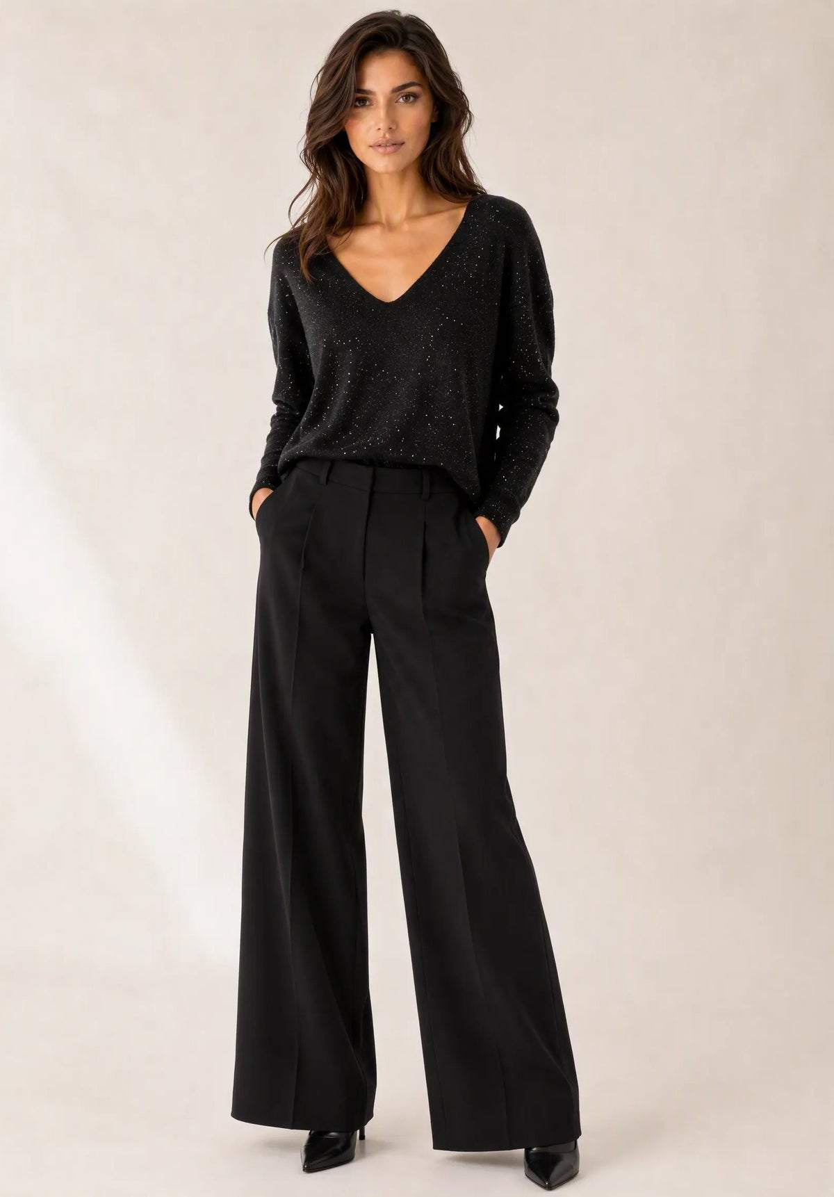 Maglia scollo a V con micro-paillettes|Colore:Nero