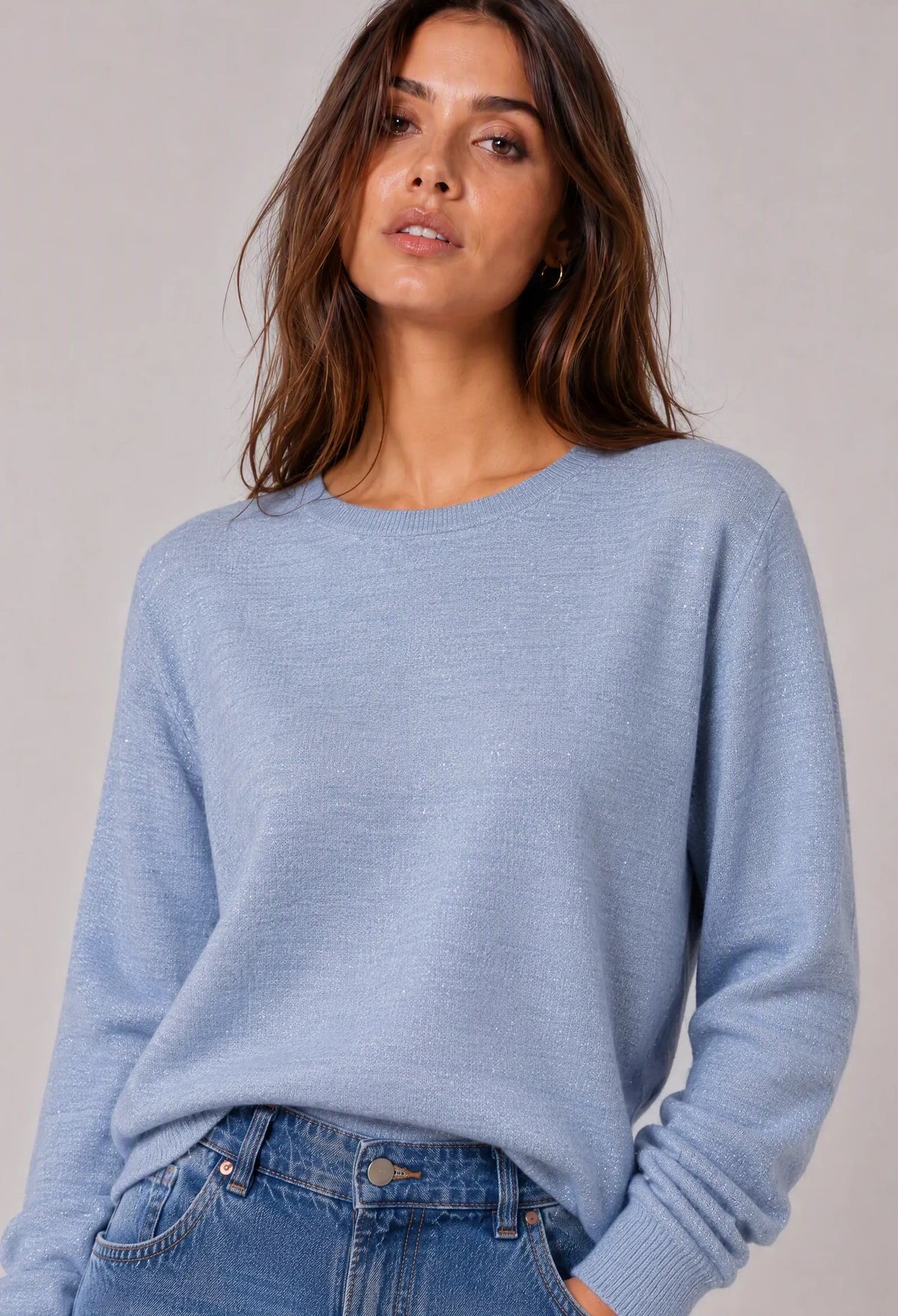 Maglia girocollo con micro-pailettes|Colore:Denim
