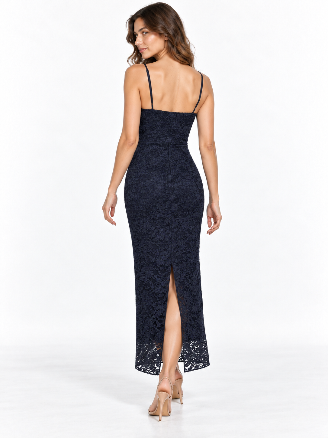 Abito lungo in pizzo con bretelle|Colore:Blue