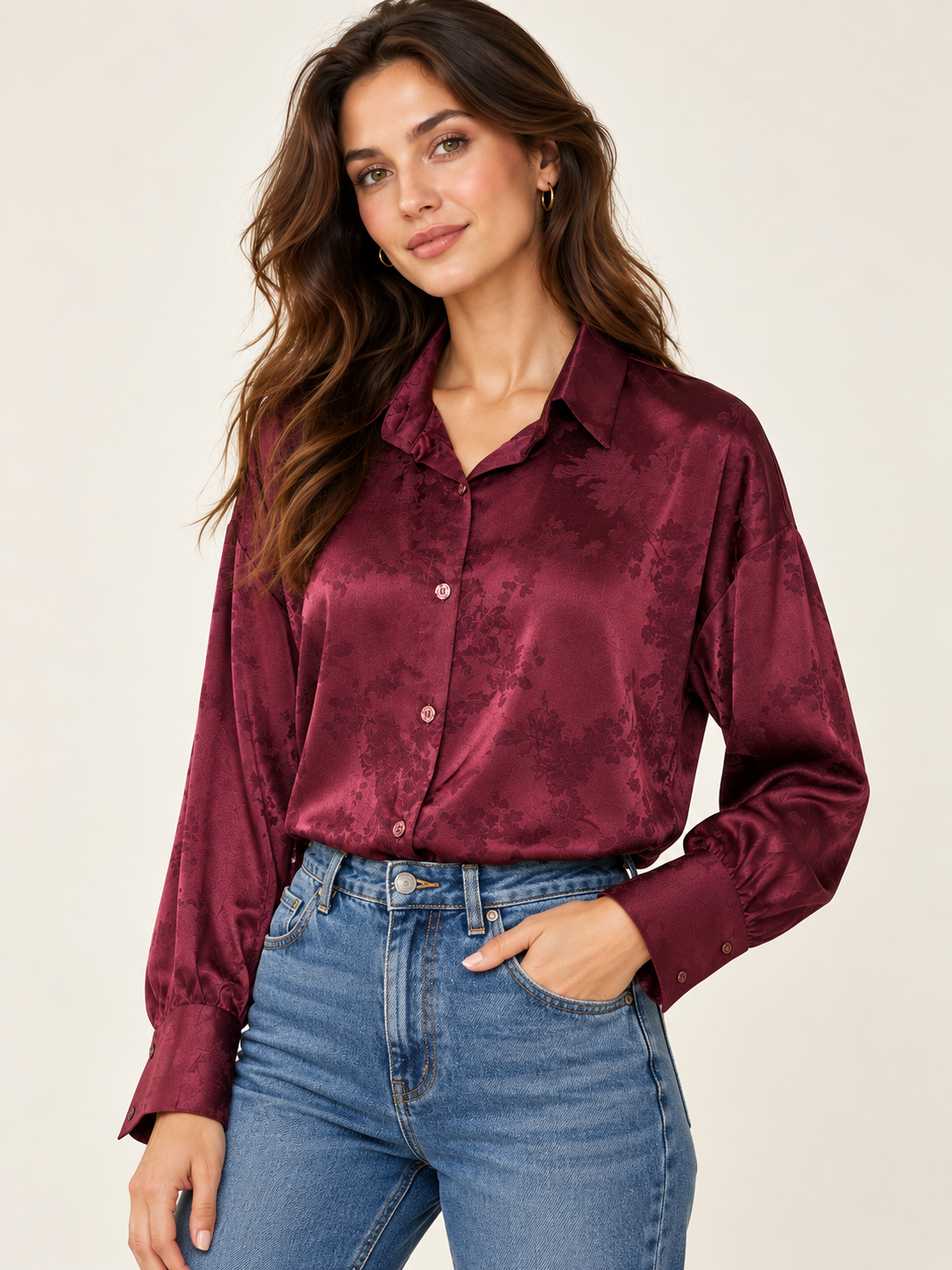 Camicia satinata effetto damascayo|Colore:Prugna