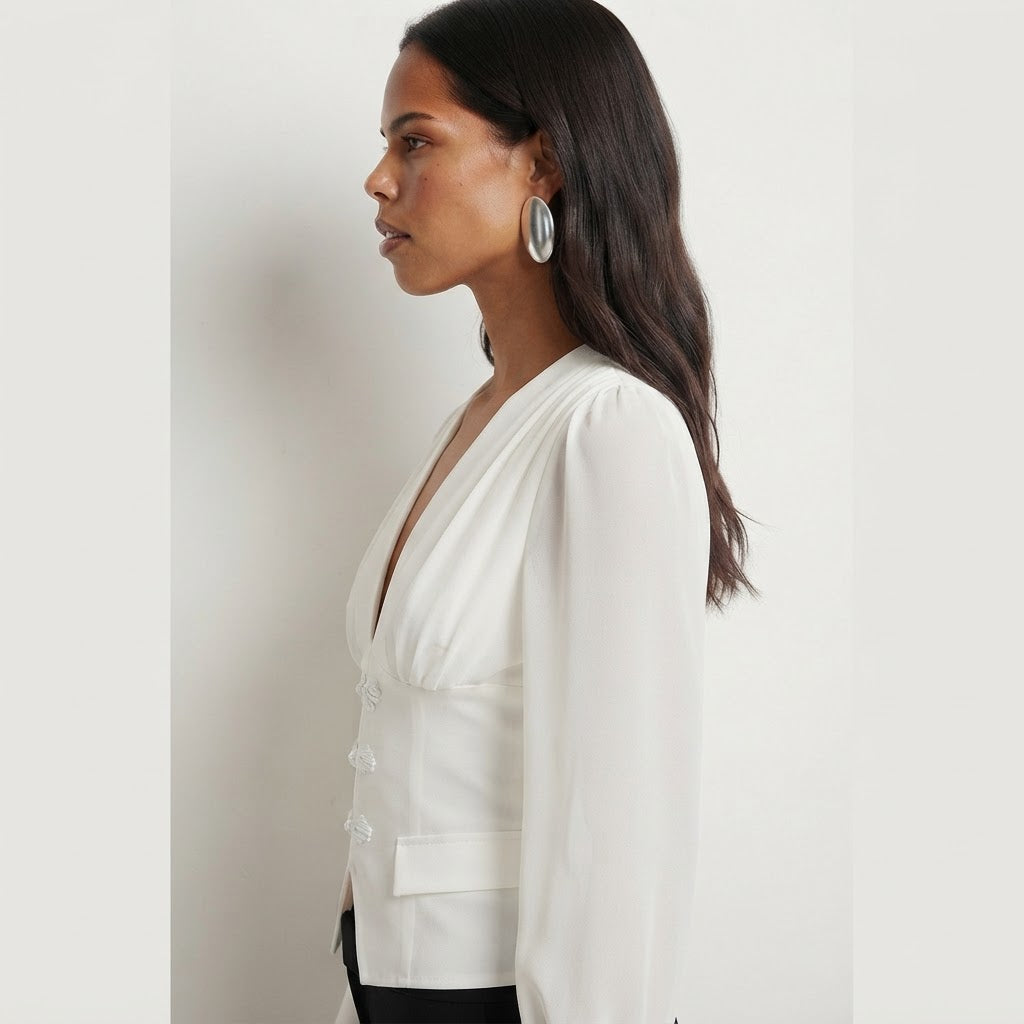 Blusa scollo a V con dettagli coreani|Colore:Bianco