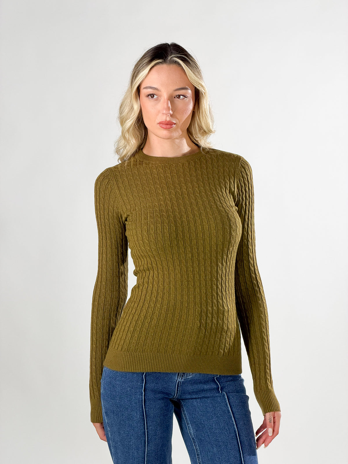 Maglia girocollo con lavorazione a trecce|Colore:Oliva