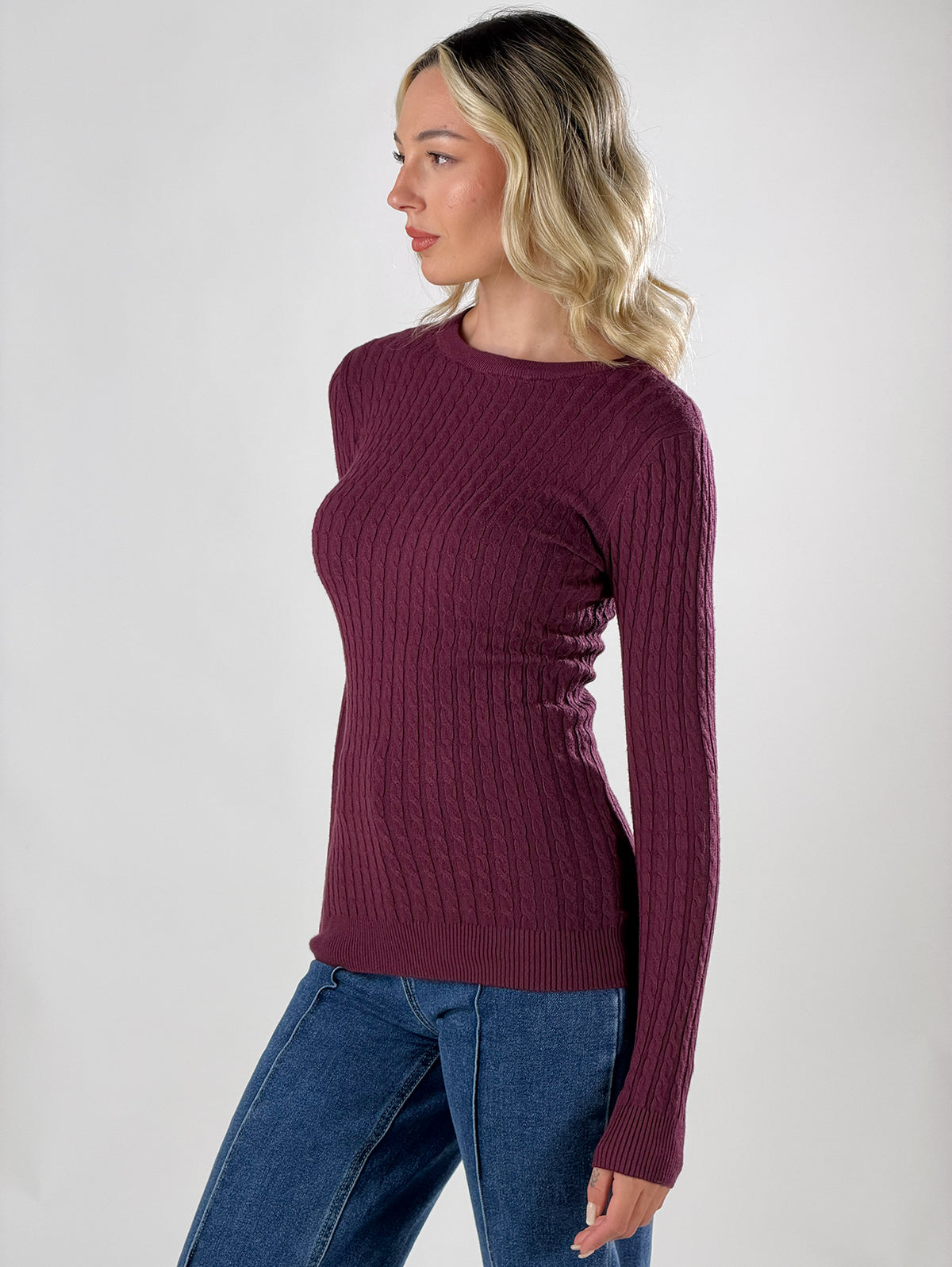 Maglia girocollo con lavorazione a trecce|Colore:Burgundy