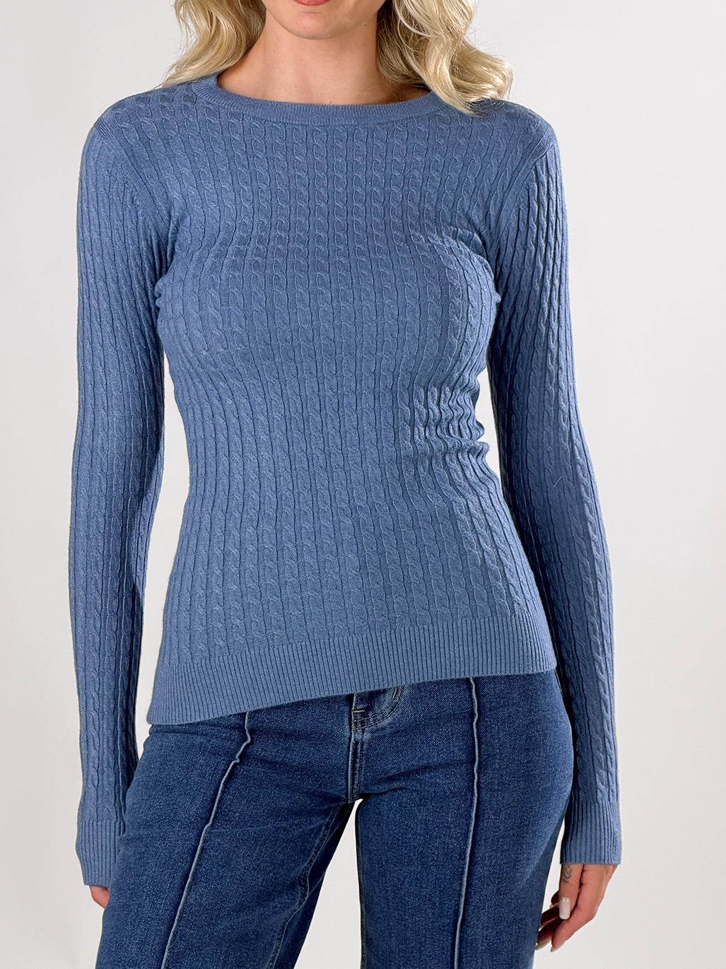 Maglia girocollo con lavorazione a trecce|Colore:Denim