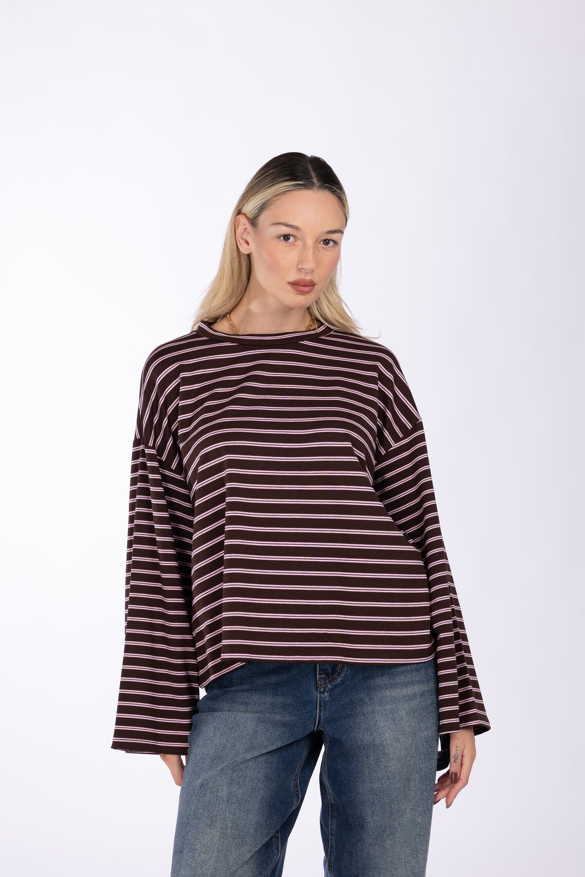 Maglia a righe manche a campana|Colore:Marrone/rosa