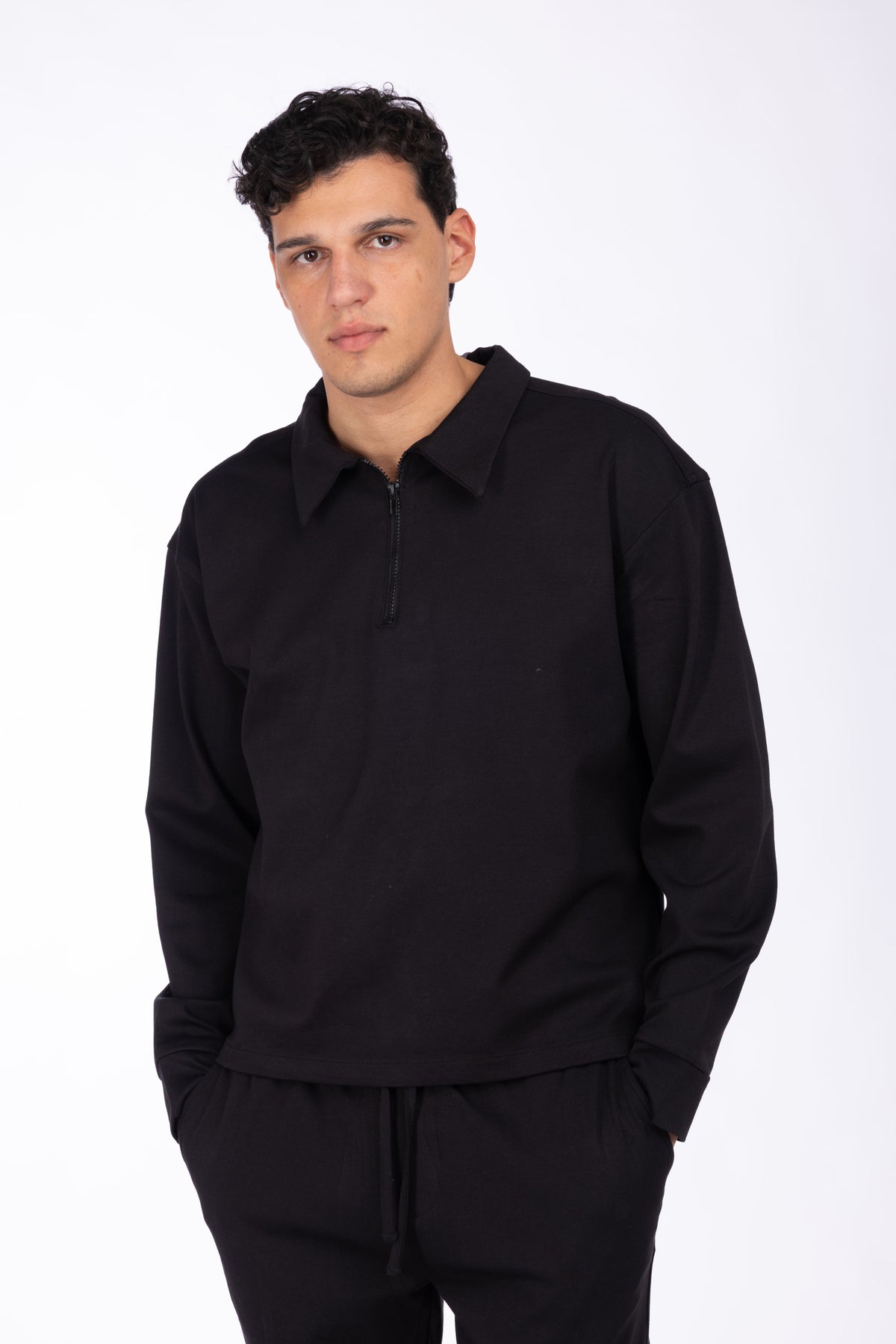 Felpa modello polo con zip|Colore:Nero