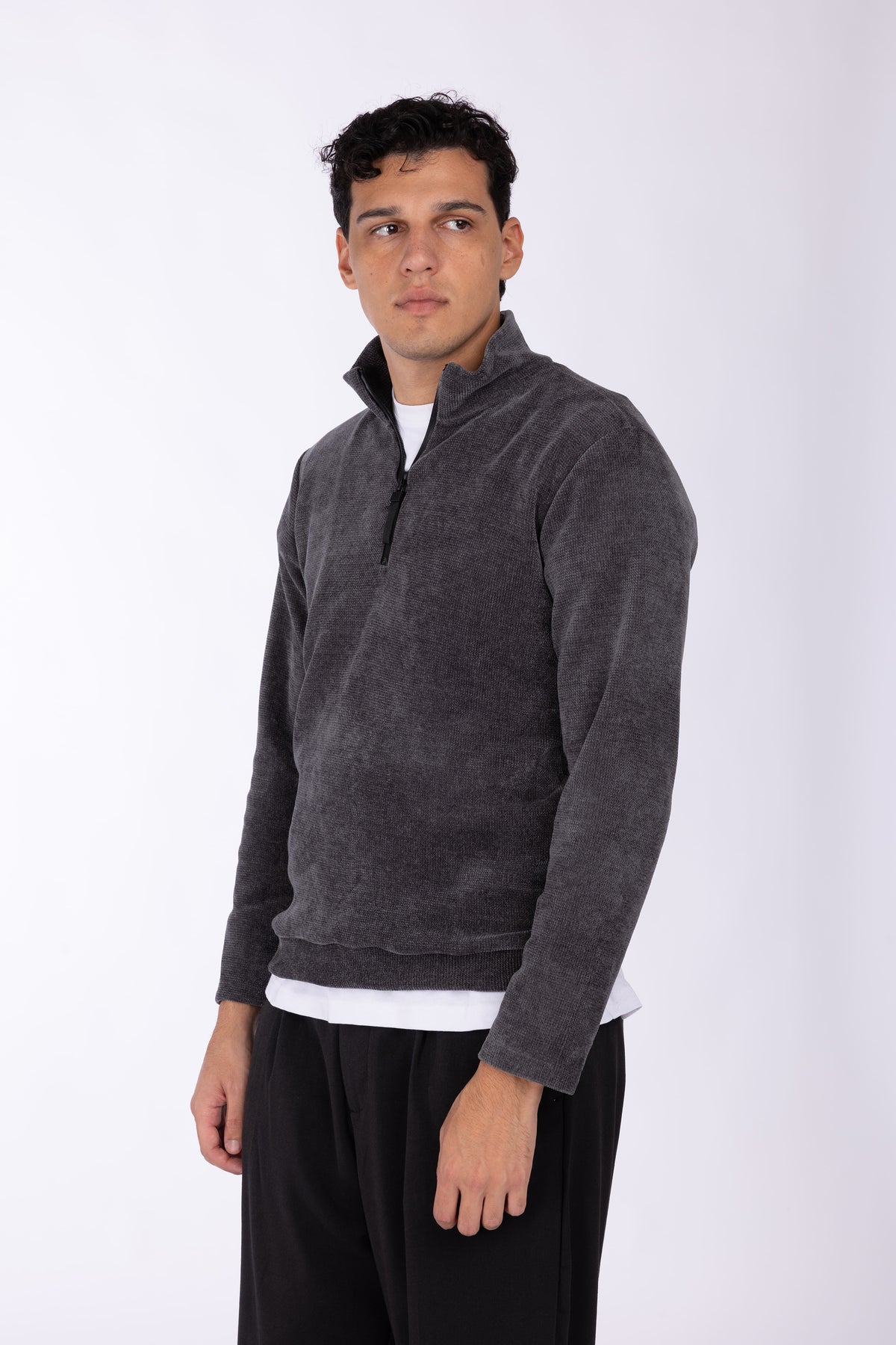 Felpa con zip collo costine larghe|Colore:Grigio scuro