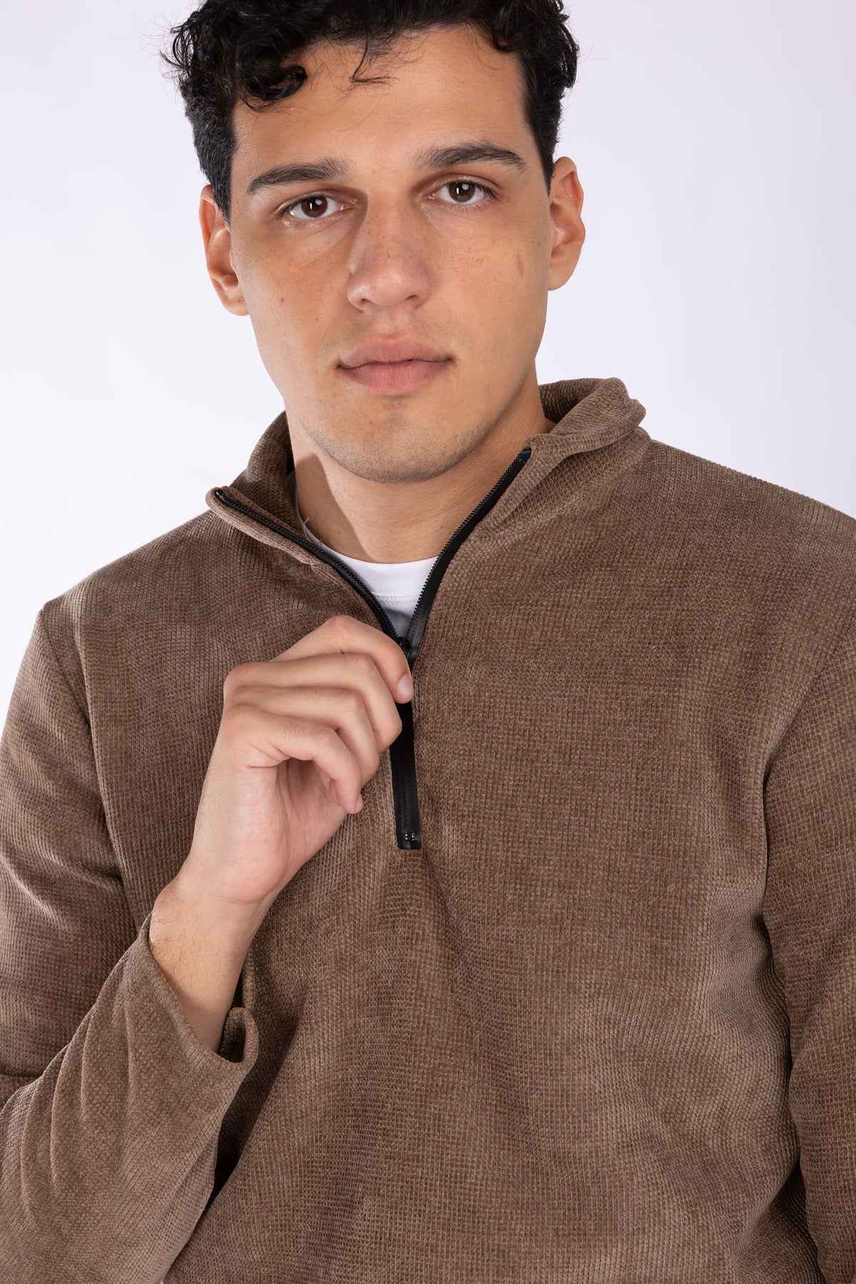 Felpa con zip collo costine larghe|Colore:Fango