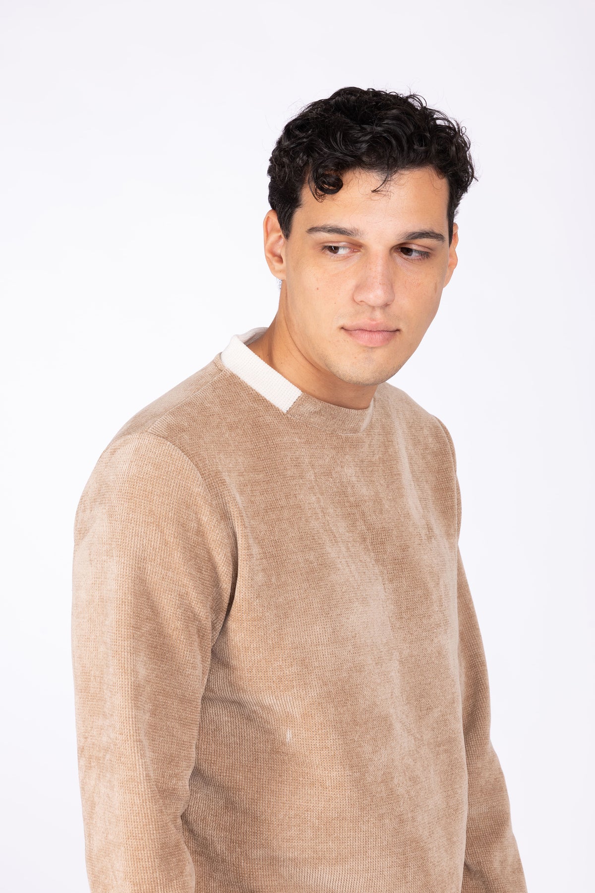 Maglia costine con collo bicolore|Colore:Tortora/panna