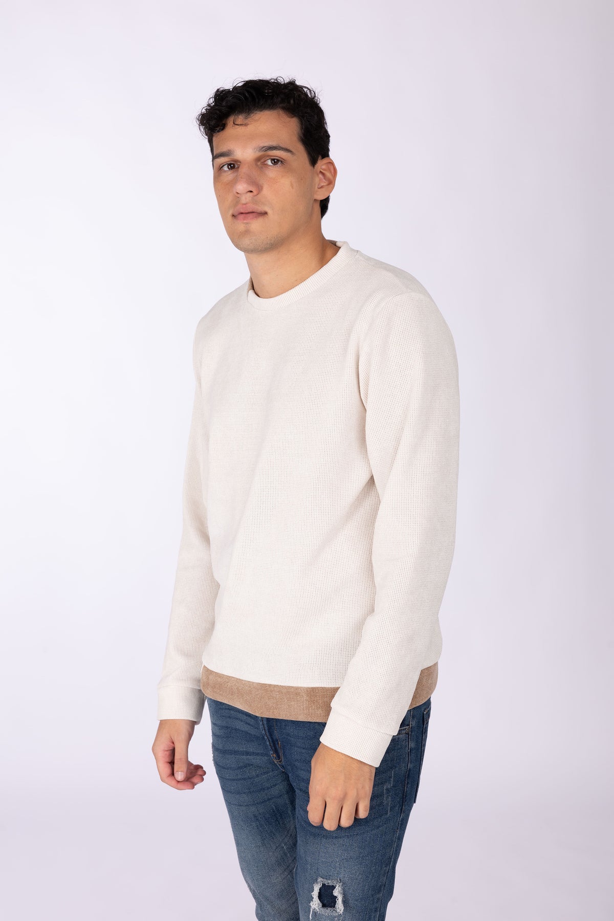 Maglia costine con collo bicolore|Colore:Panna/tortora