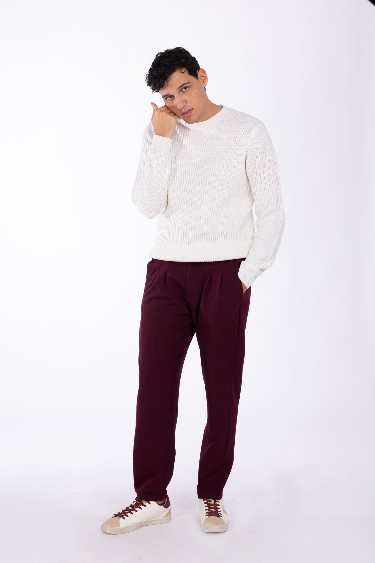 Pantalone con risvolto e pinces|Colore:Bordeaux
