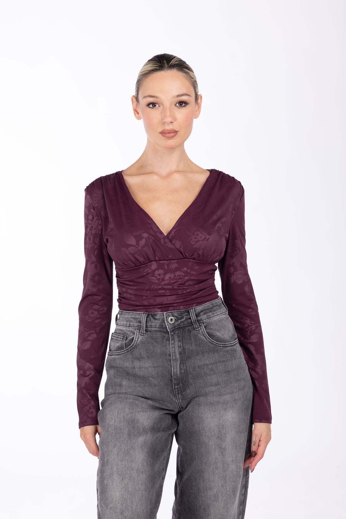 Body Jacquard scollo a V|Colore:Prugna
