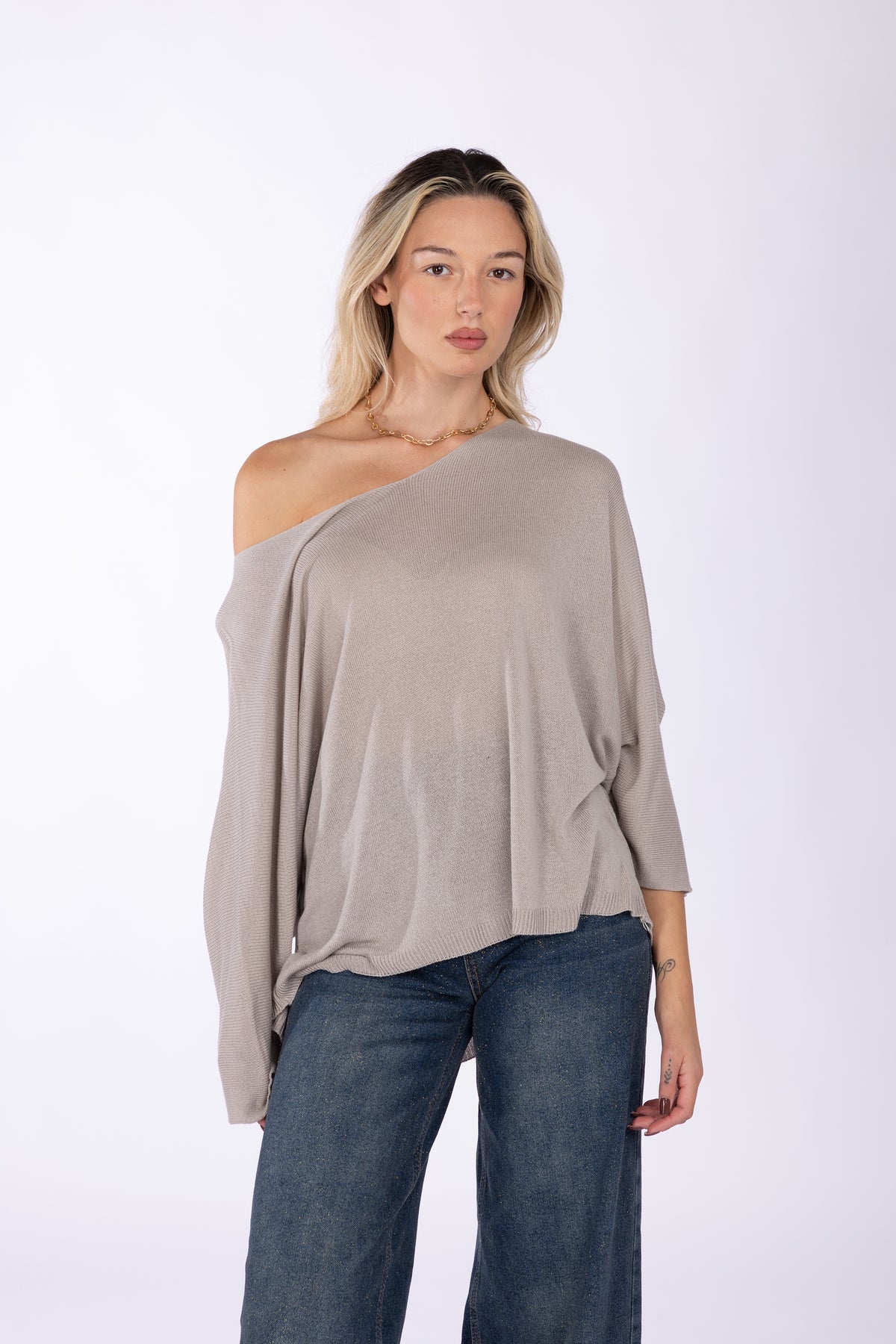 Maglia scollo a V ampio effetto barchetta|Colore:Fango