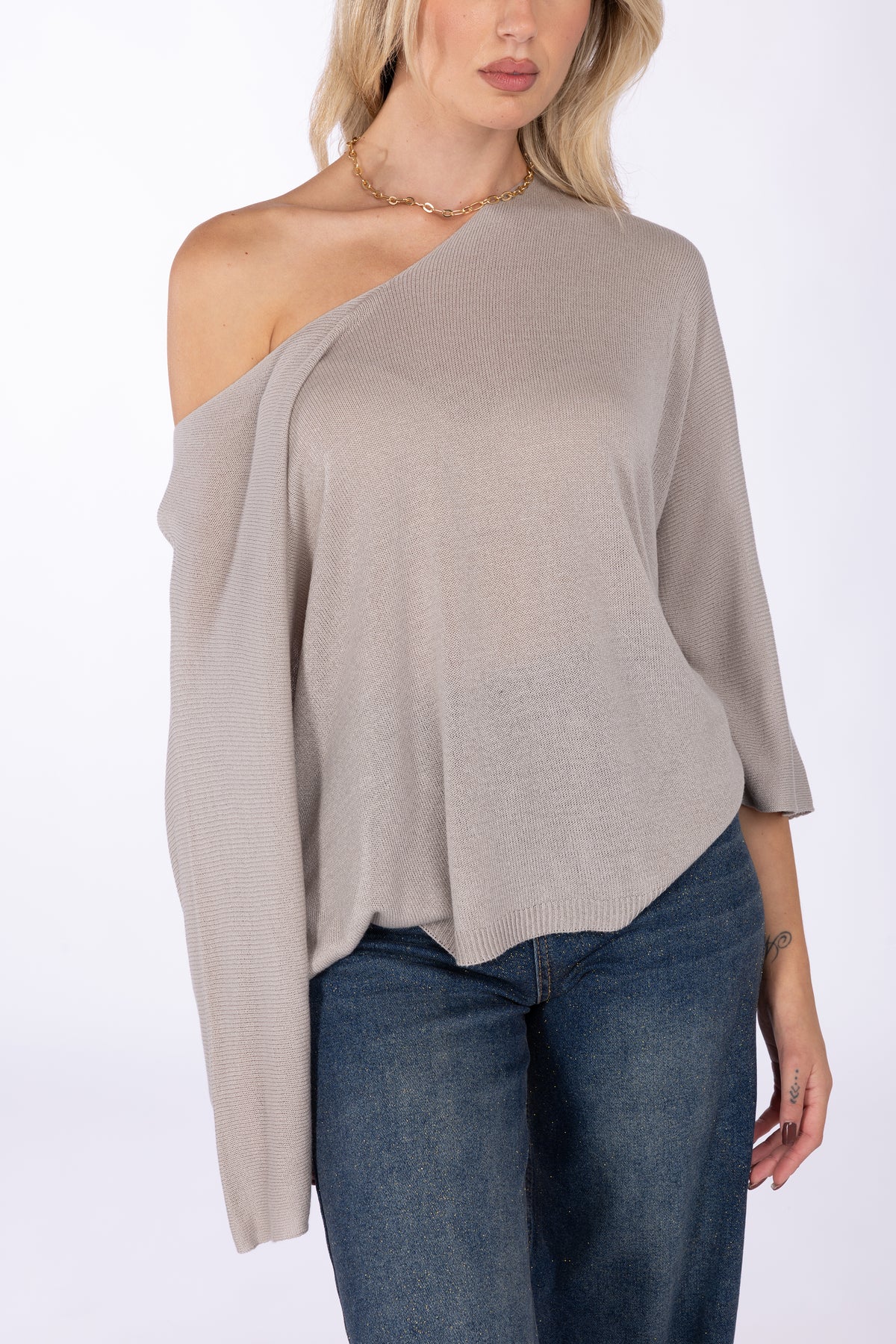 Maglia scollo a V ampio effetto barchetta|Colore:Fango