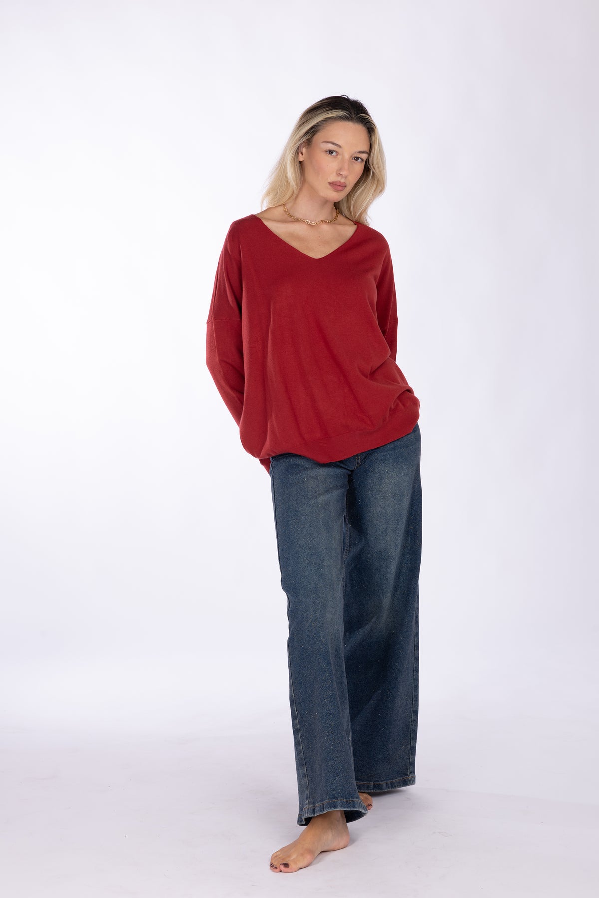 Maglia Fine con Scollo a V e Spalla Calata|Colore:Ruggine