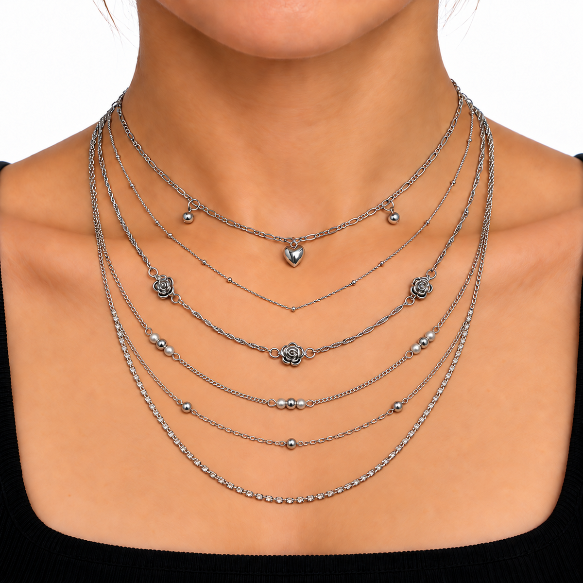 Collana multi fili con rosa|Colore:Argento
