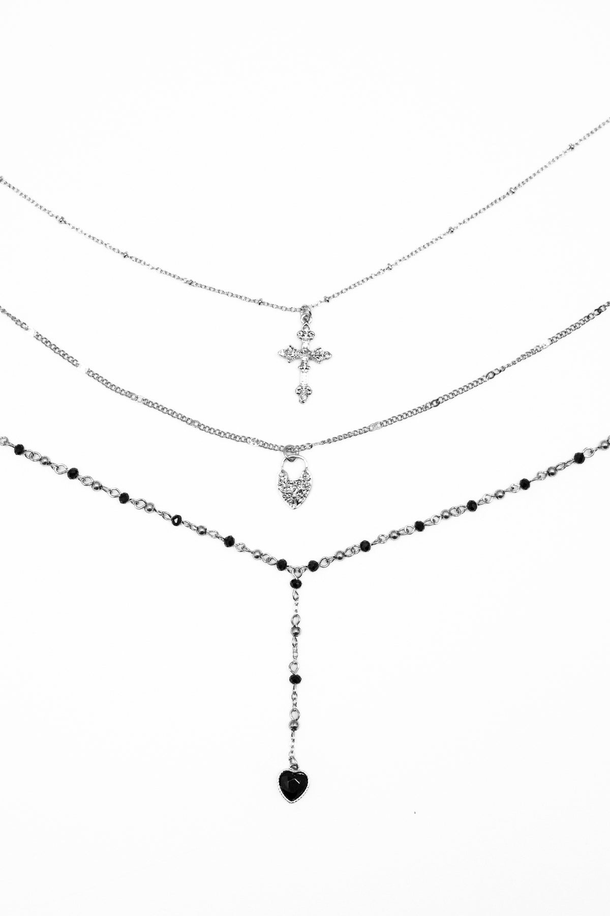 Tris collane con cuore nero|Colore:Argento