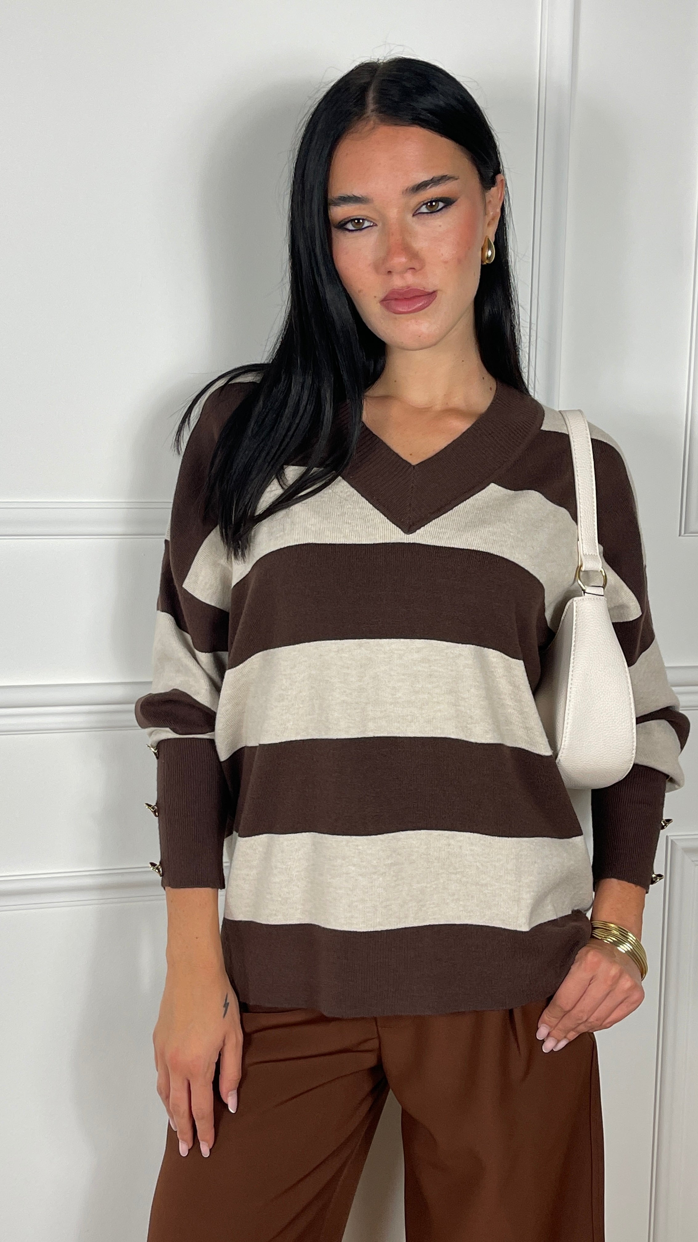 Maxi Pull scollo V a righe