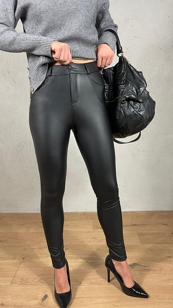 Pantalone termico 5 tasche effetto pelle