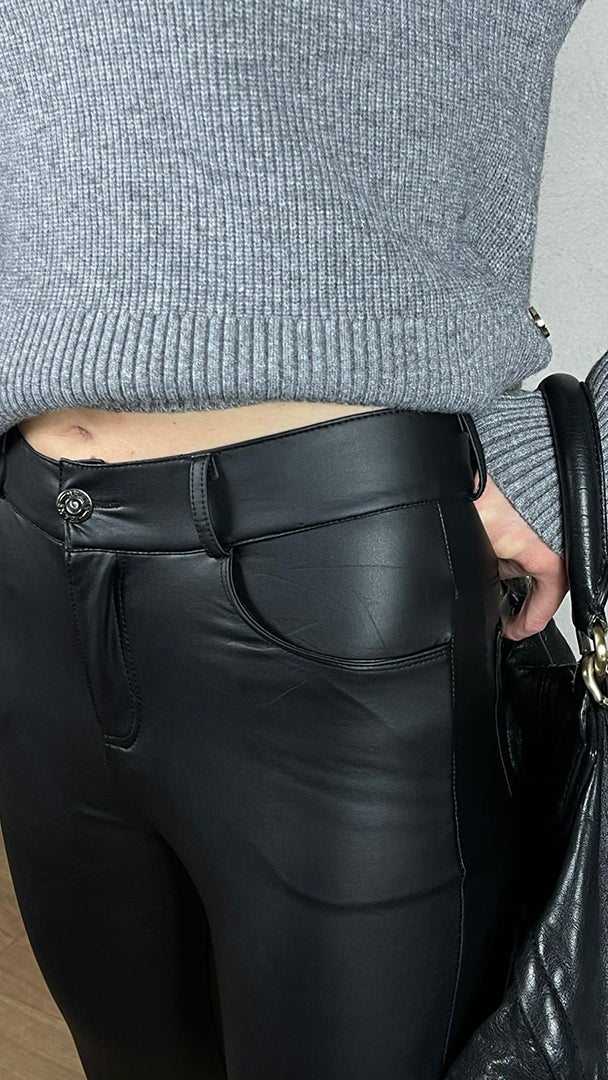 Pantalone termico 5 tasche effetto pelle