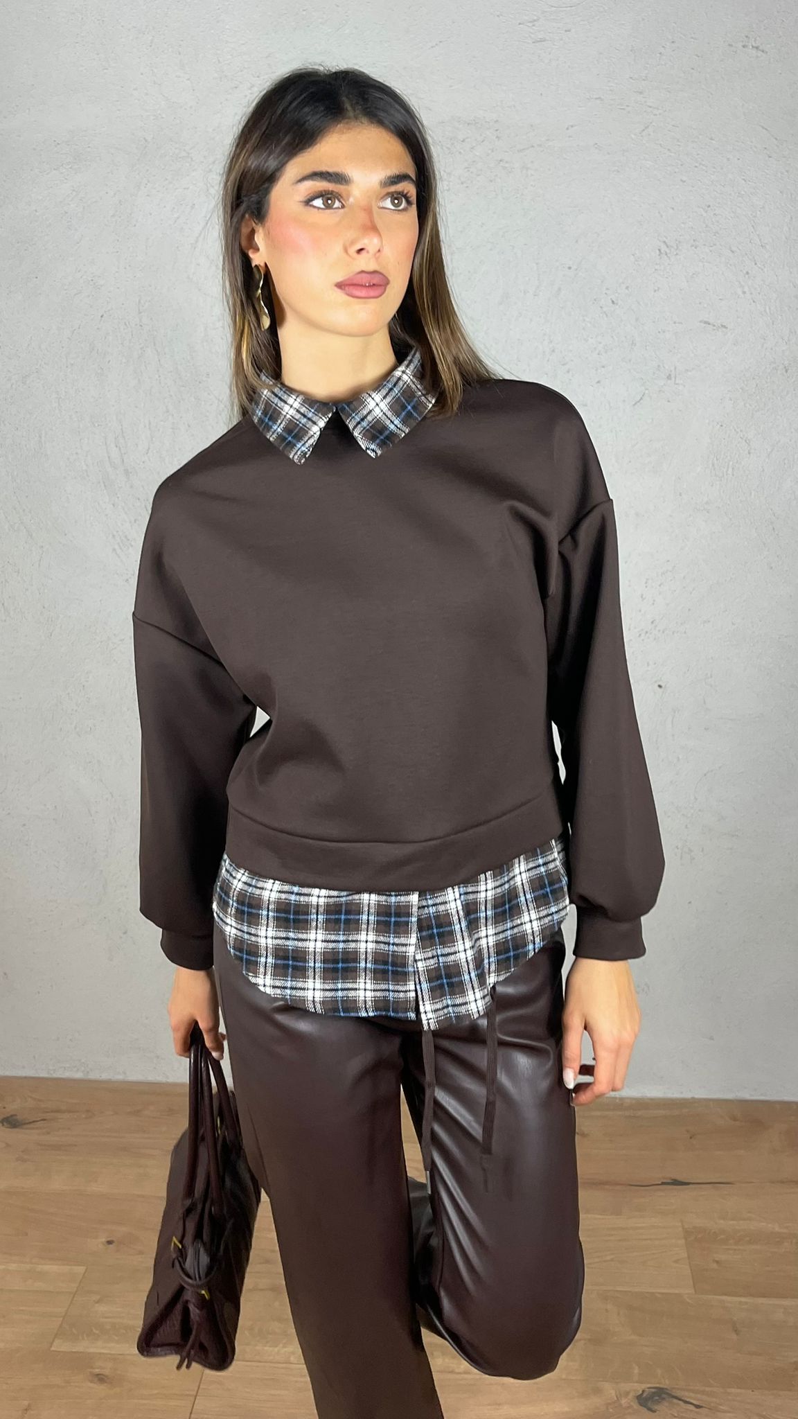 Felpa con inserti camicia Vichy