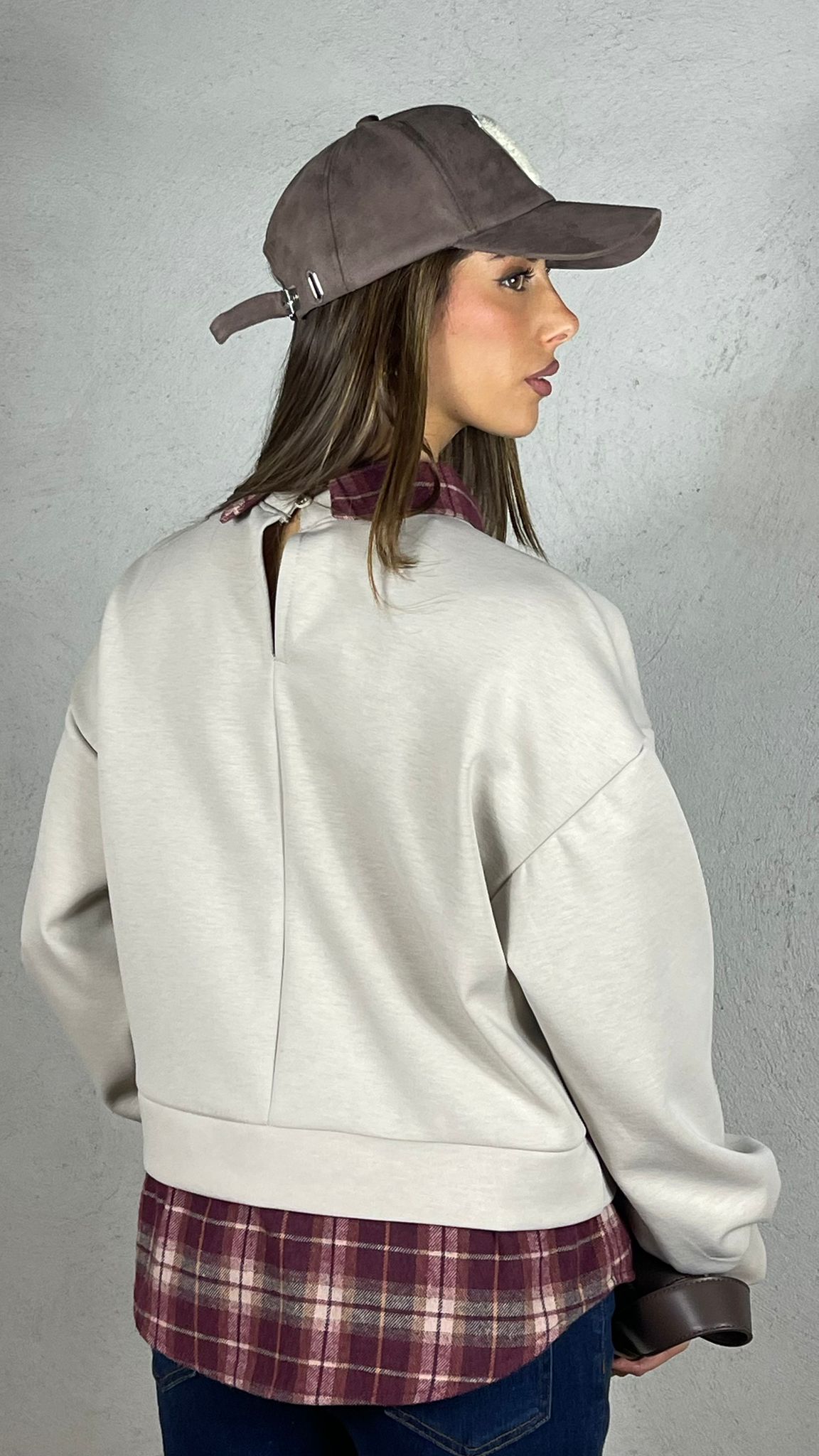 Felpa con inserti camicia Vichy