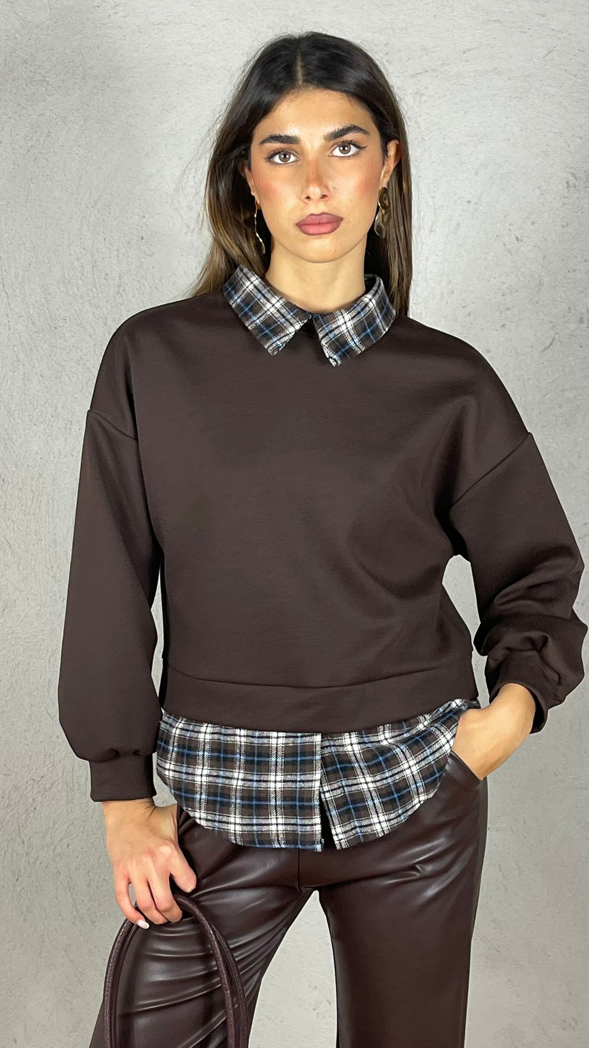 Felpa con inserti camicia Vichy