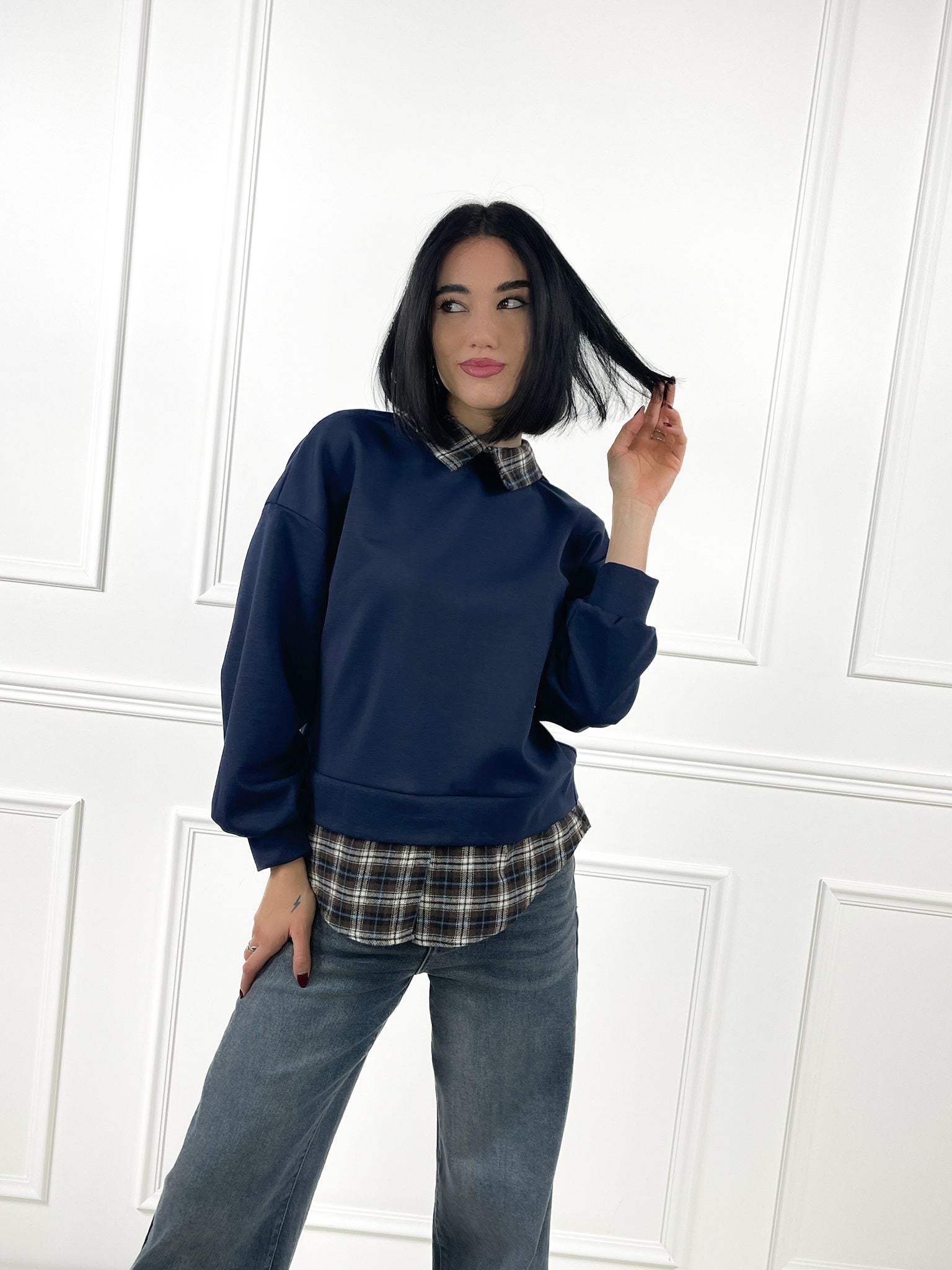 Felpa con inserti camicia Vichy