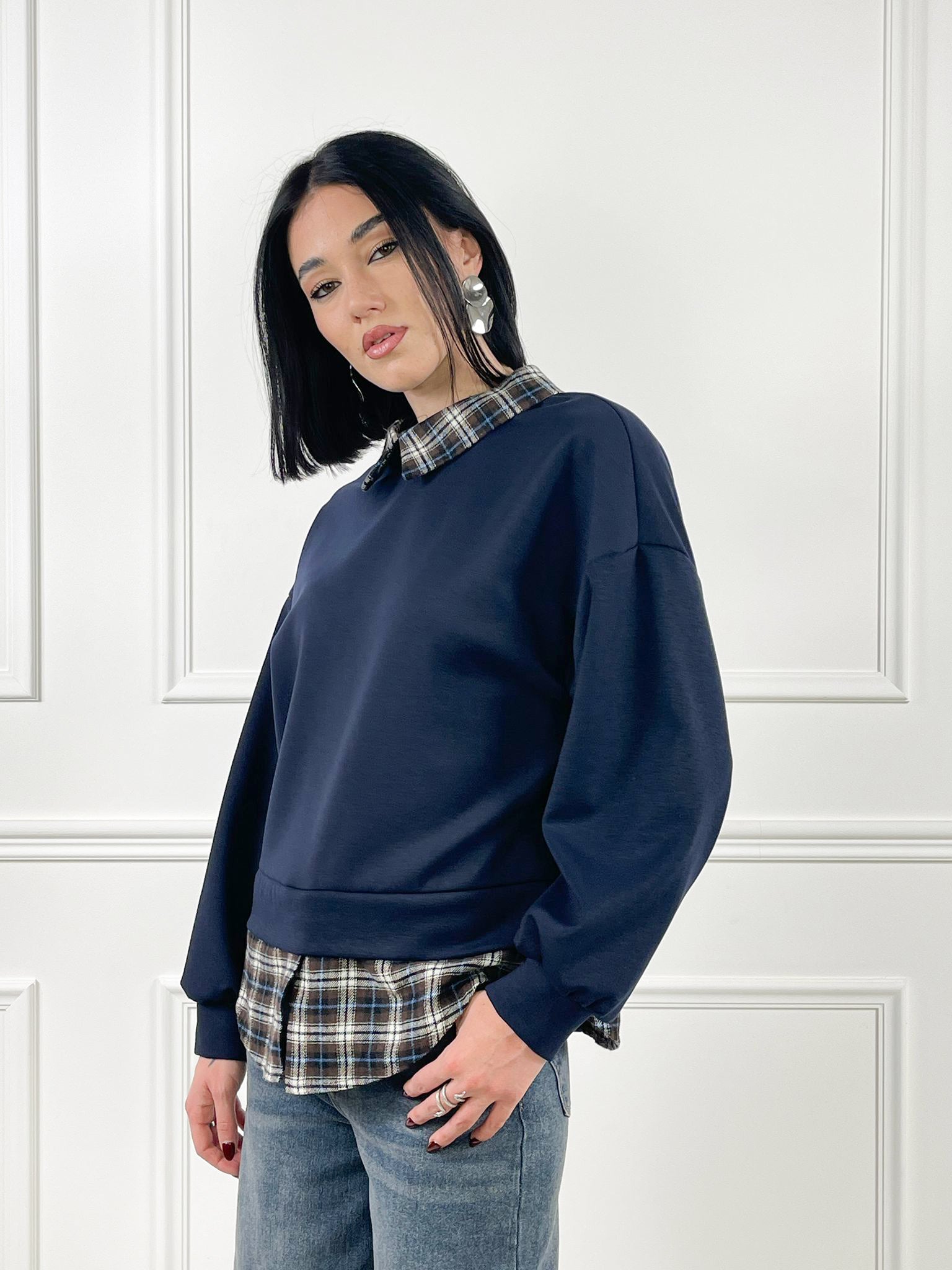 Felpa con inserti camicia Vichy