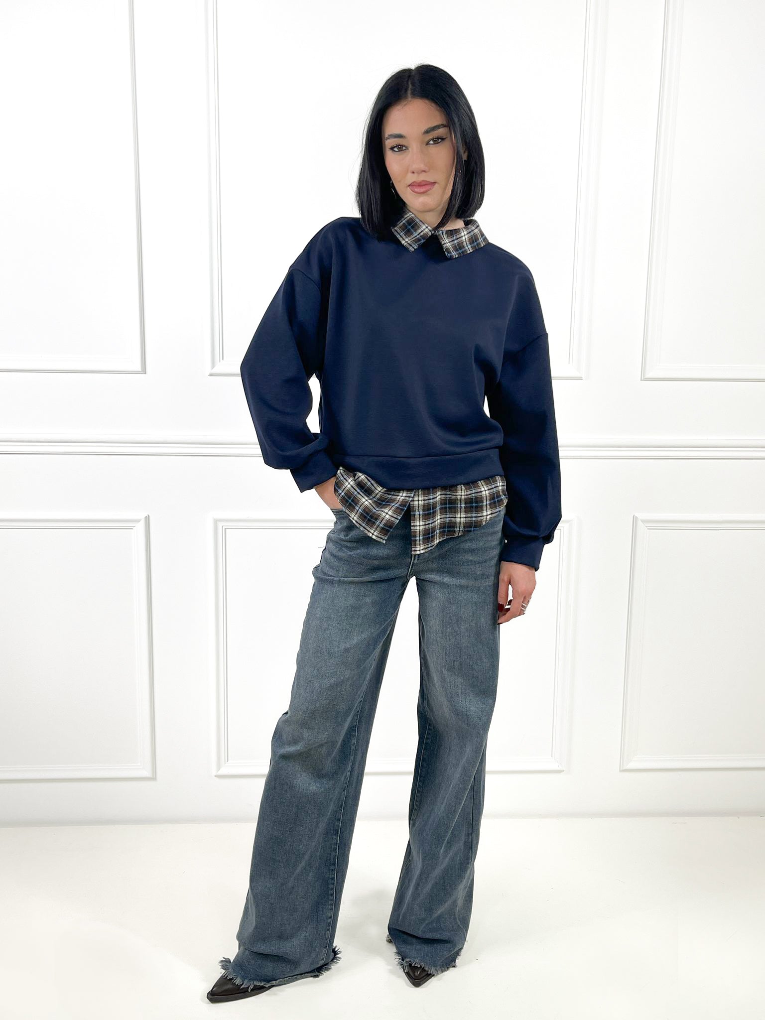 Felpa con inserti camicia Vichy