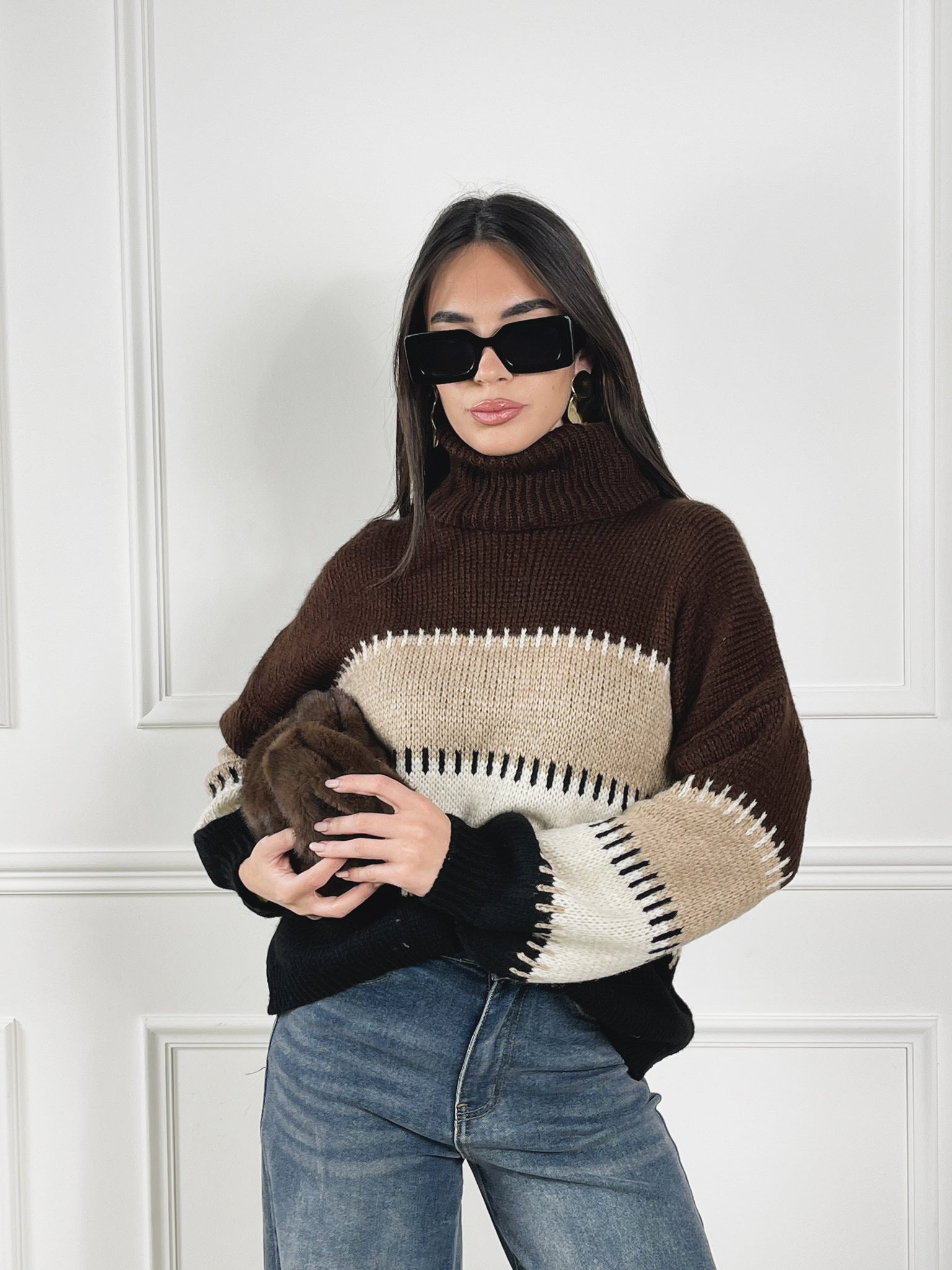 Maglione collo alto maxi fasce