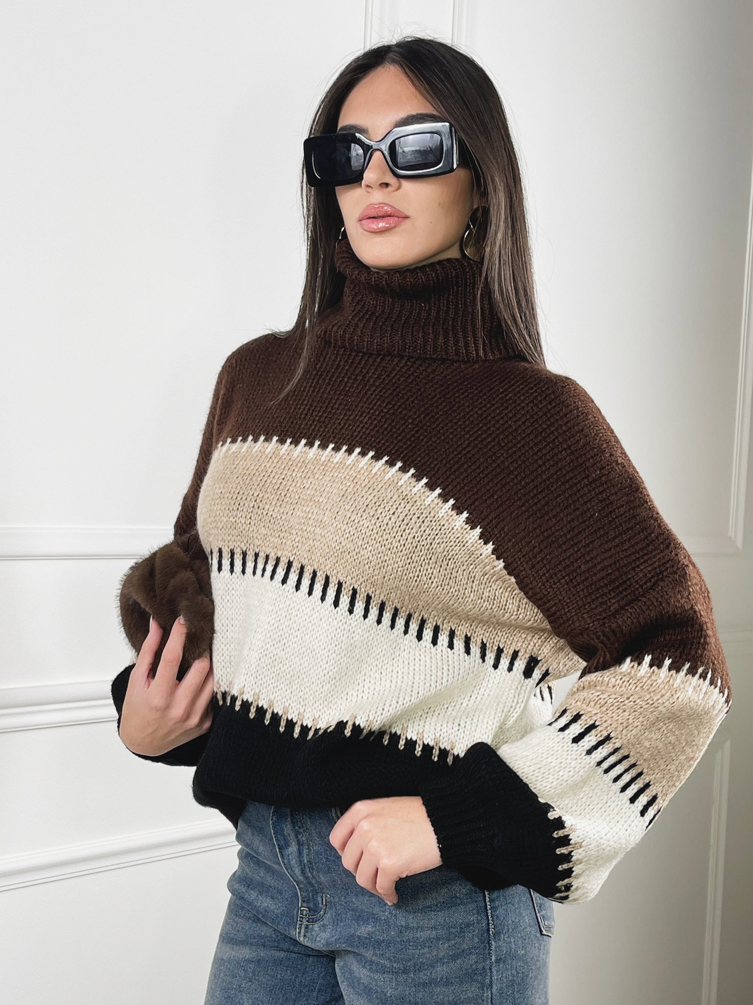 Maglione collo alto maxi fasce