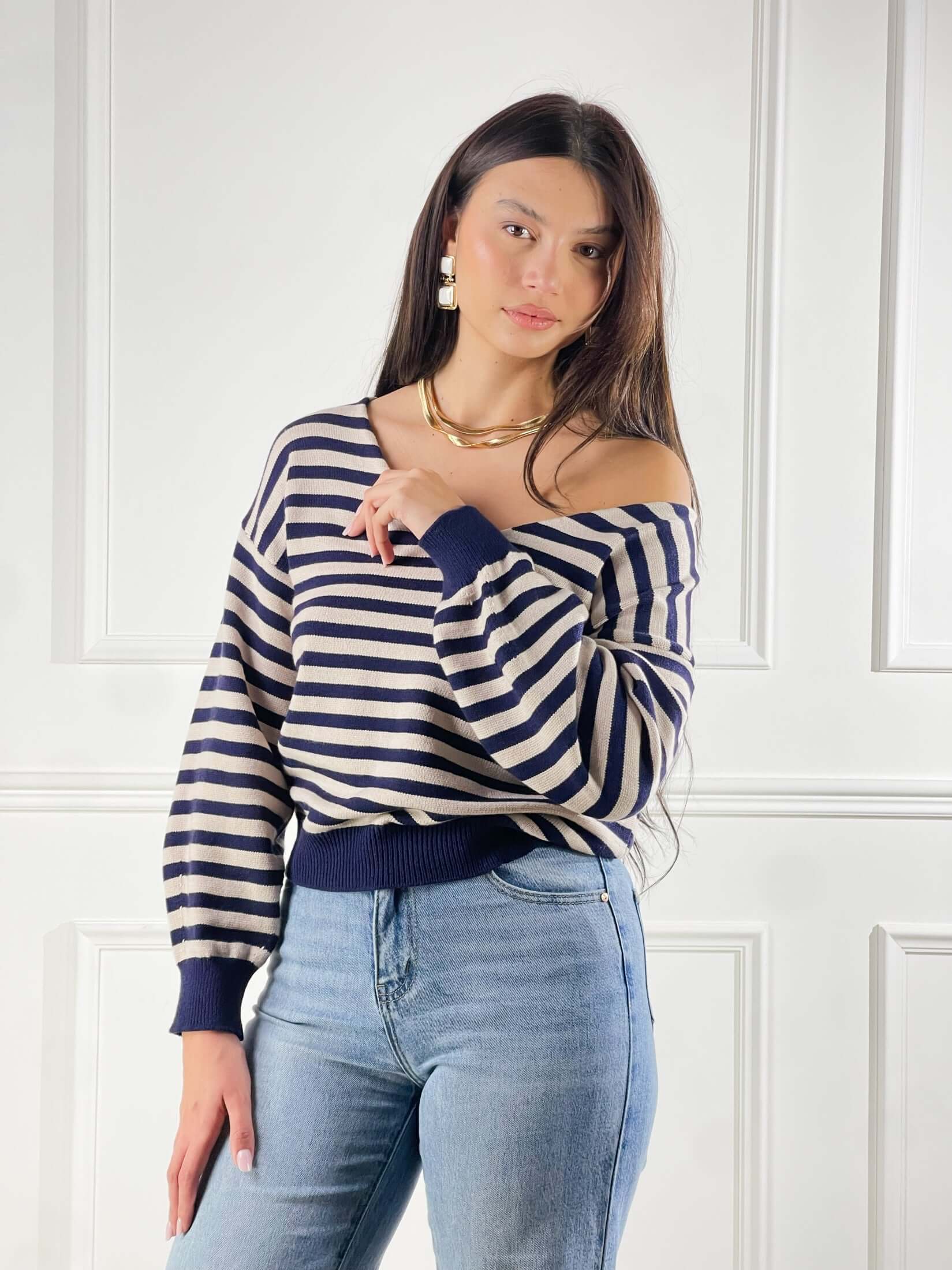 Maglia scollo V a righe|Colore:Beige/blue