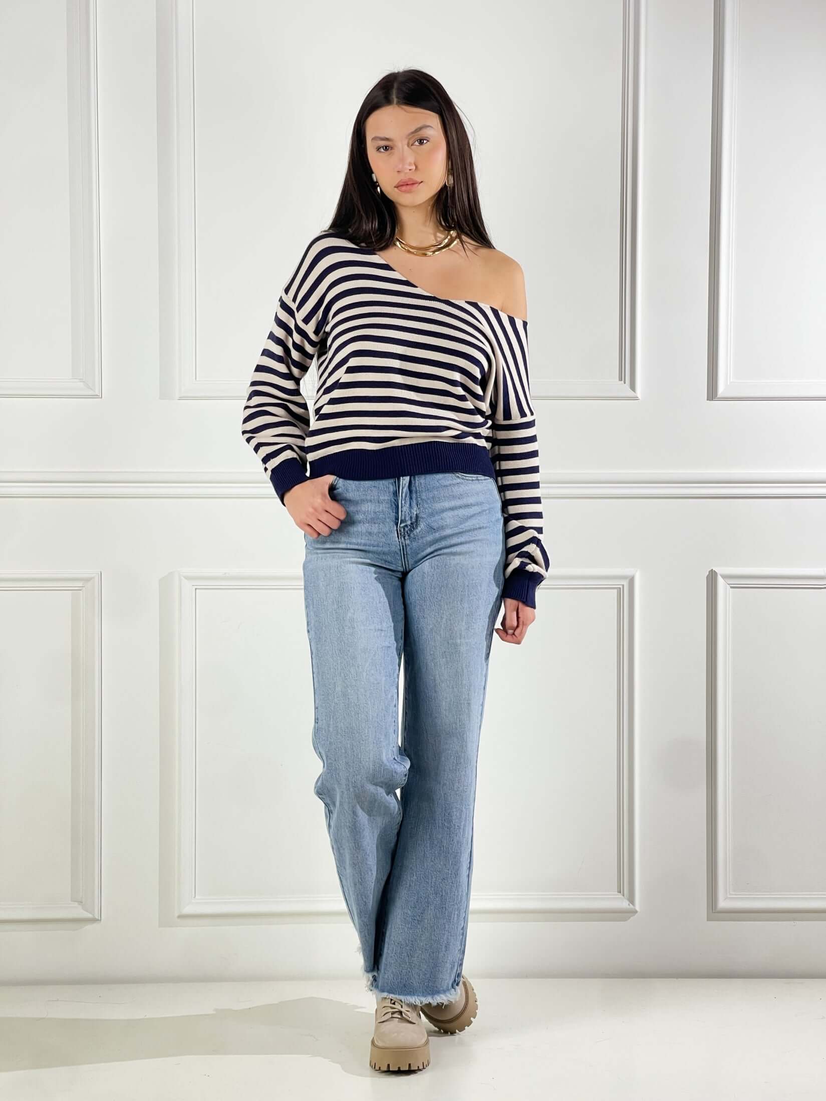 Maglia scollo V a righe|Colore:Beige/blue