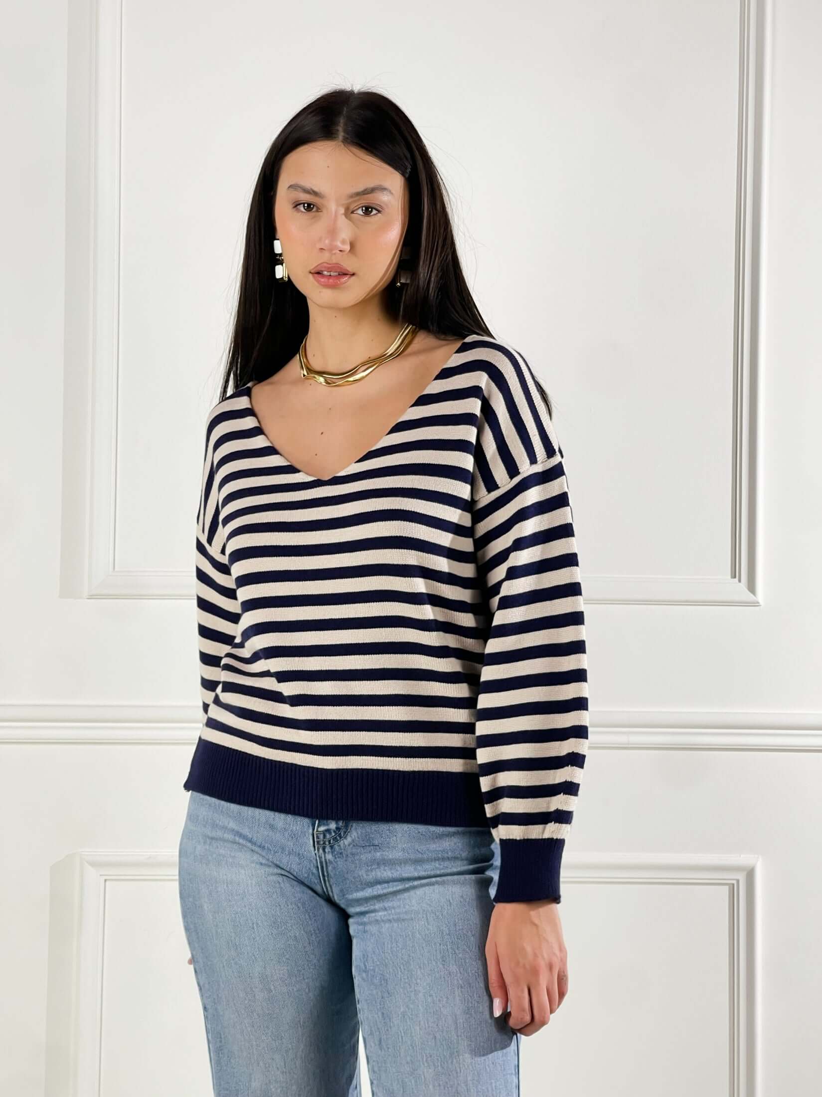 Maglia scollo V a righe|Colore:Beige/blue
