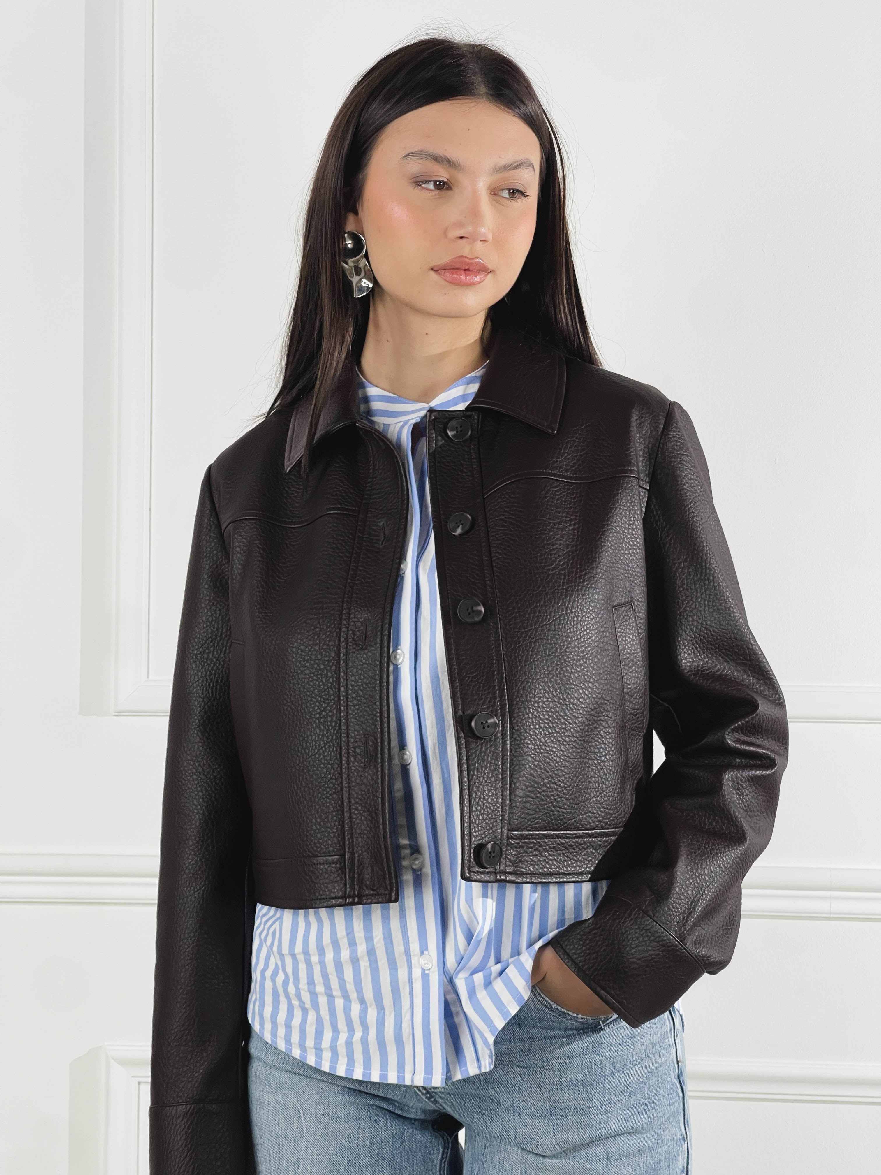 Giacca Cropped effetto pelle|Colore:Marrone