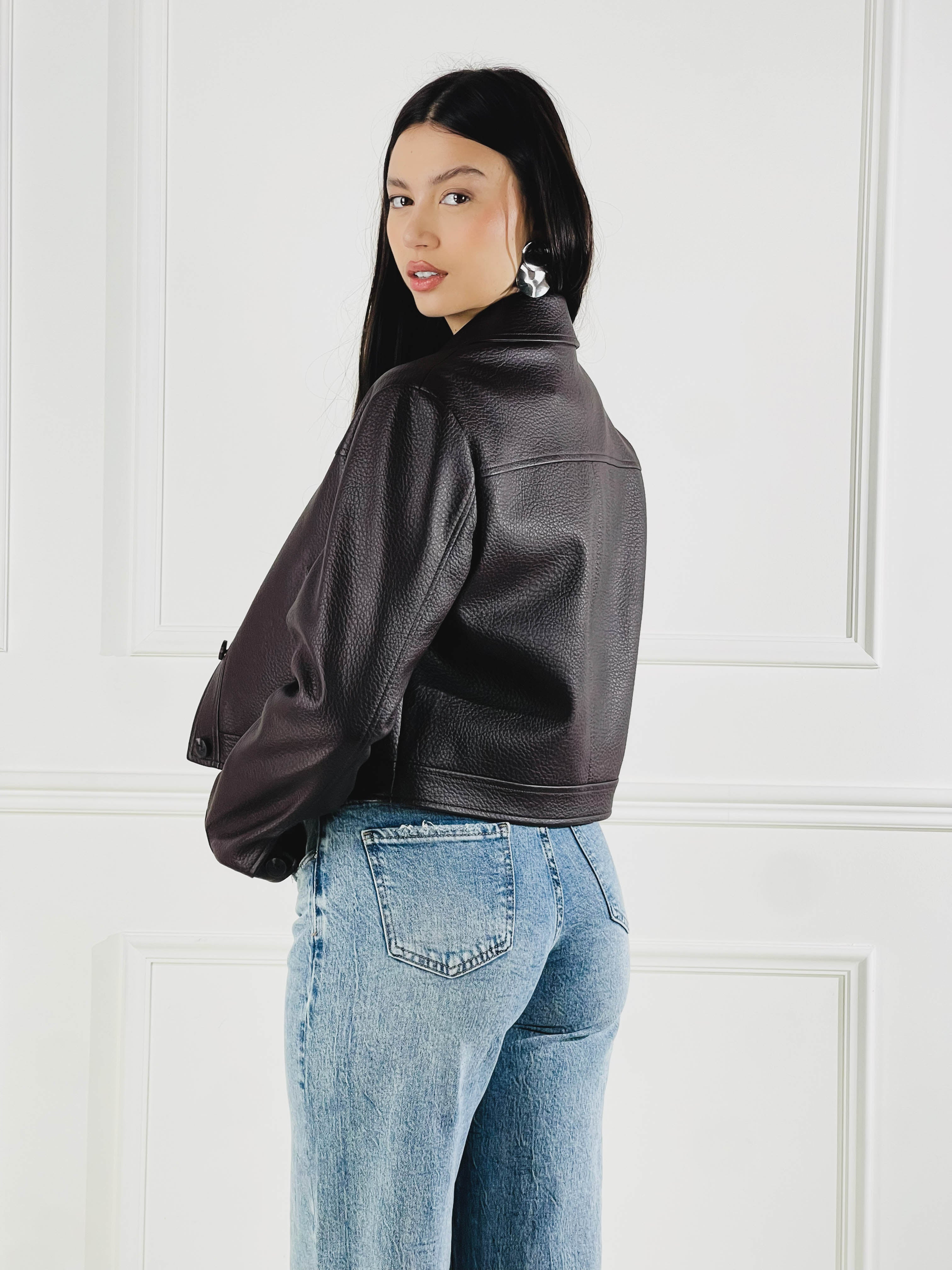 Giacca Cropped effetto pelle|Colore:Marrone