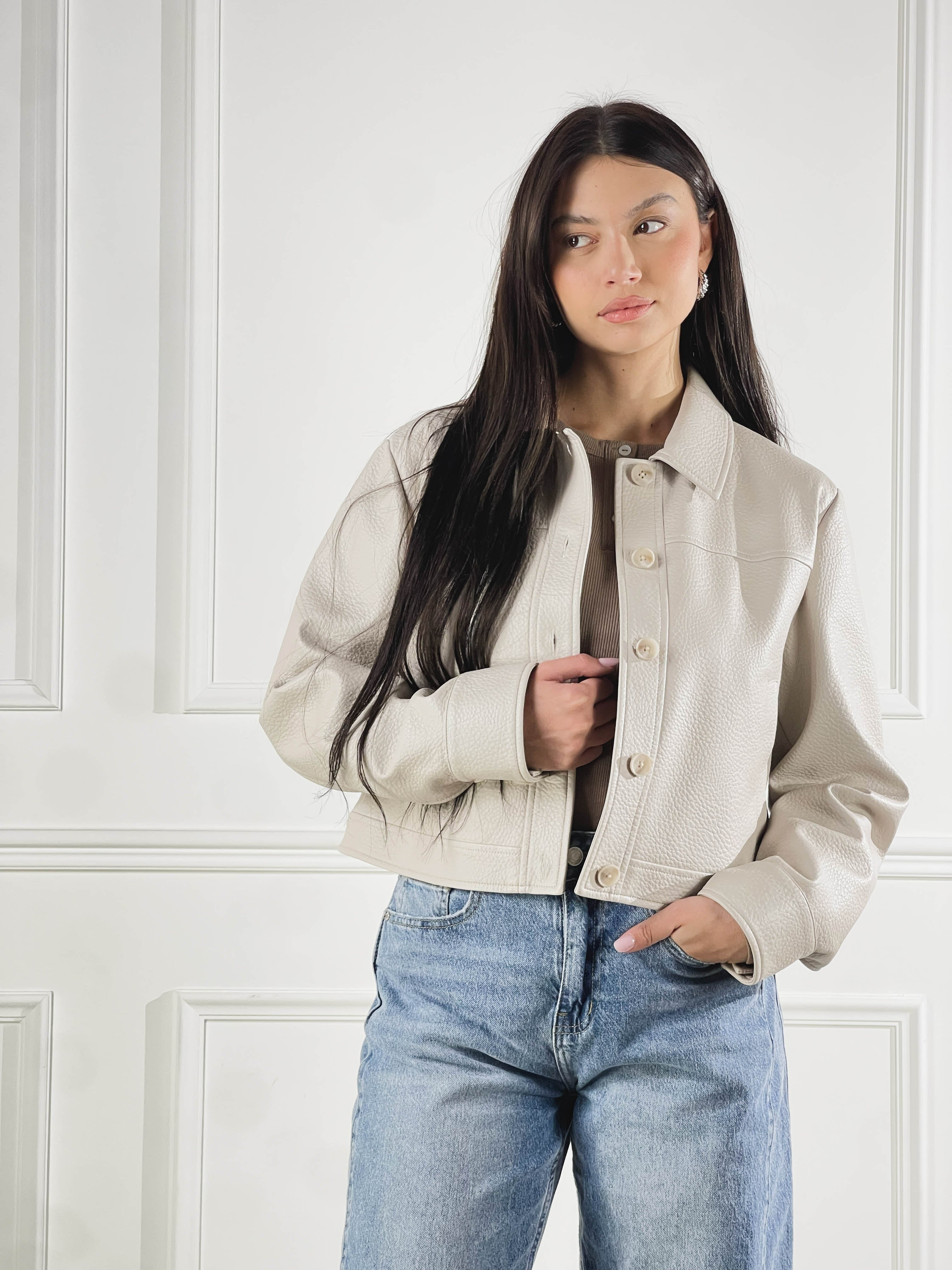 Giacca Cropped effetto pelle|Colore:Ecru