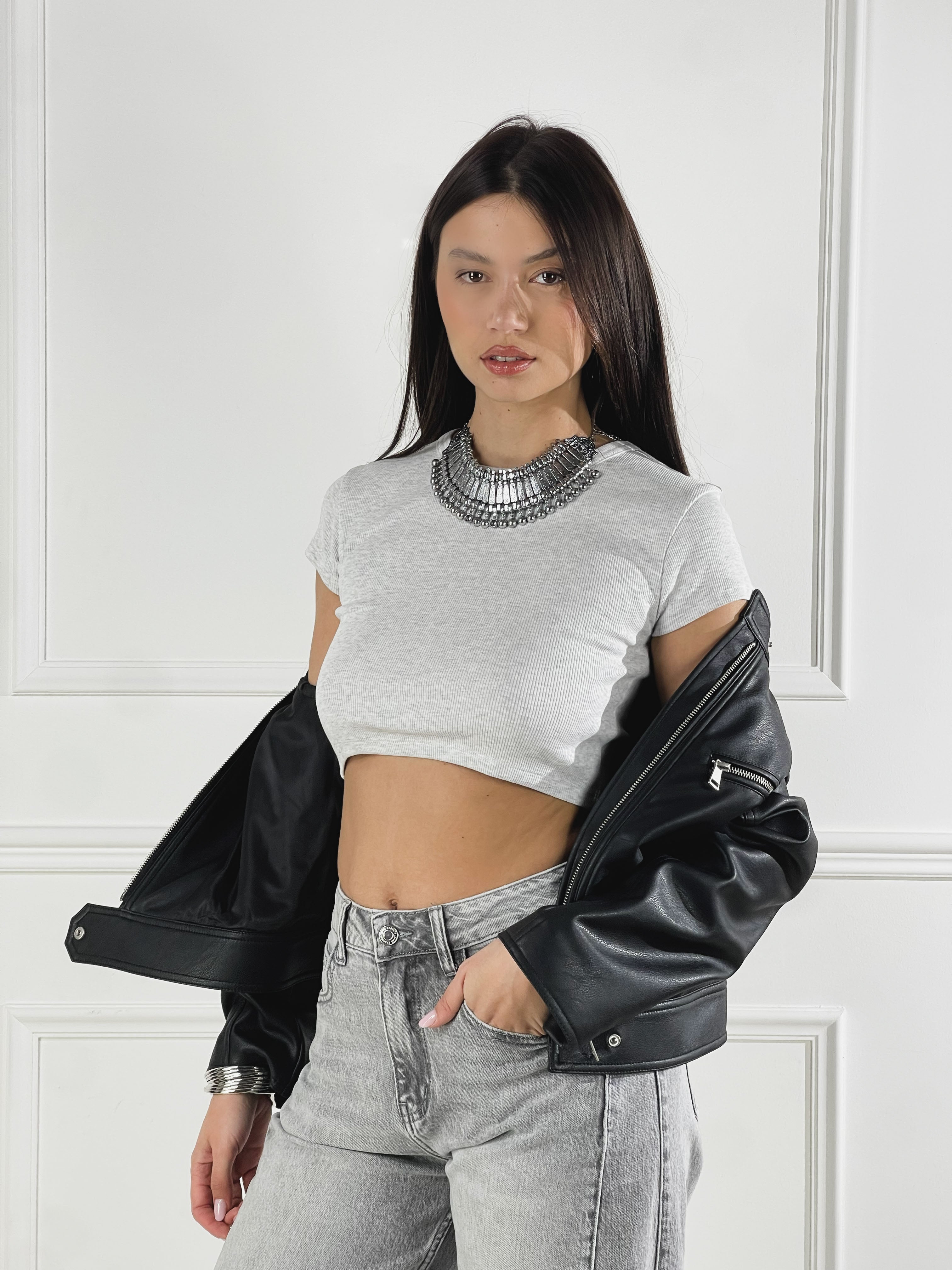 Giubbino Biker effetto pelle|Colore:Nero