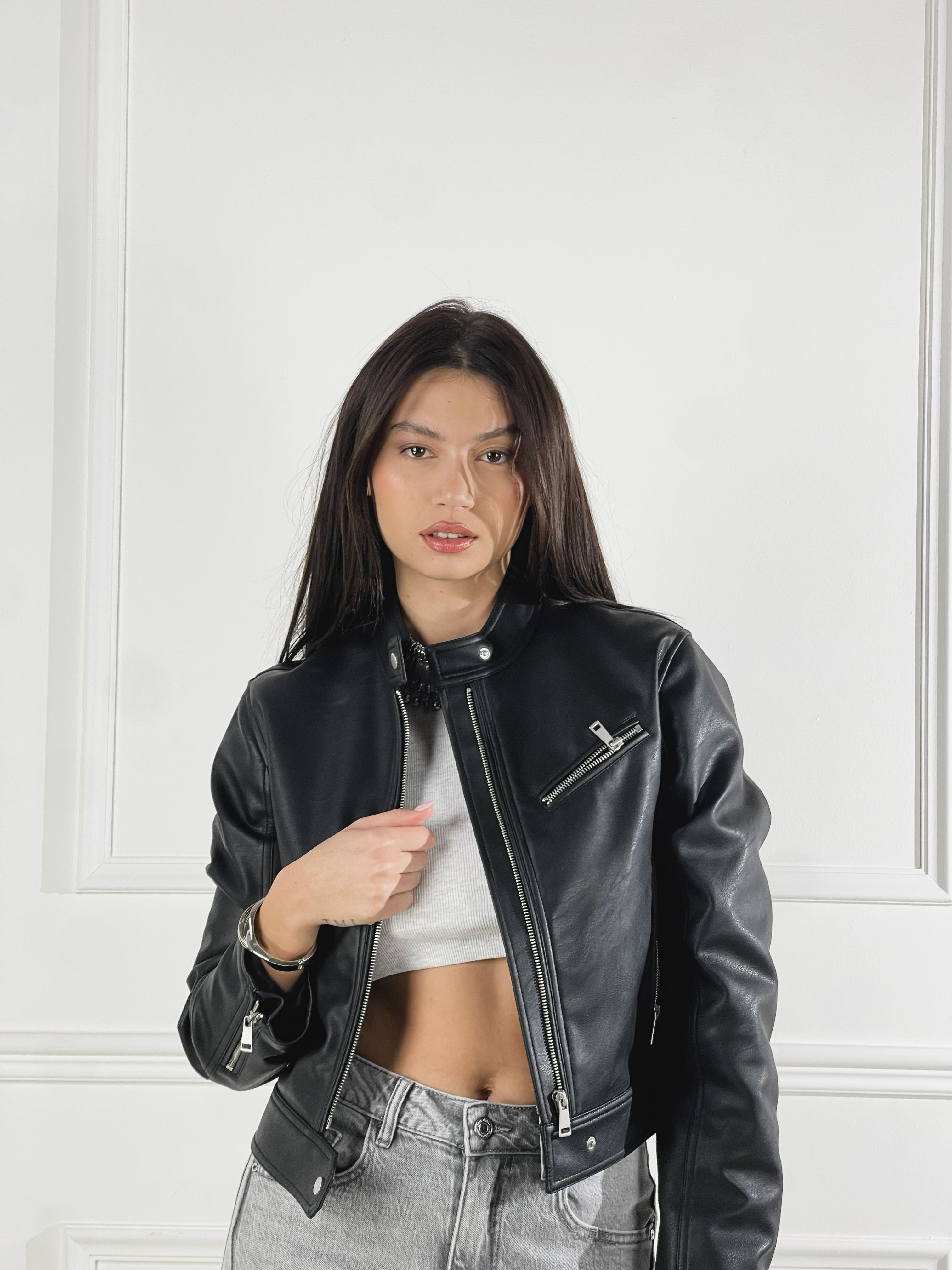 Giubbino Biker effetto pelle|Colore:Nero