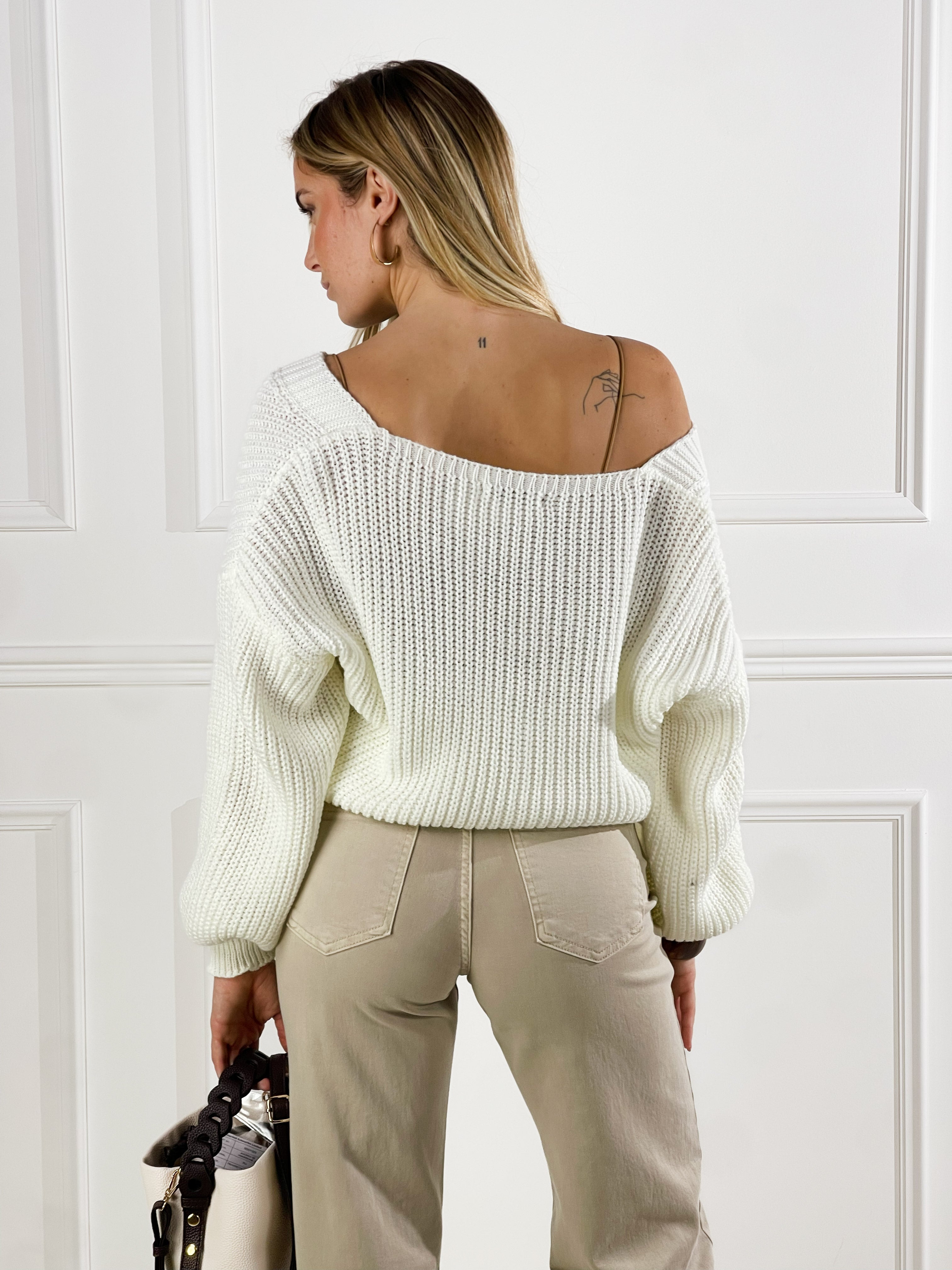 Cardigan scollo a V|Colore:Panna