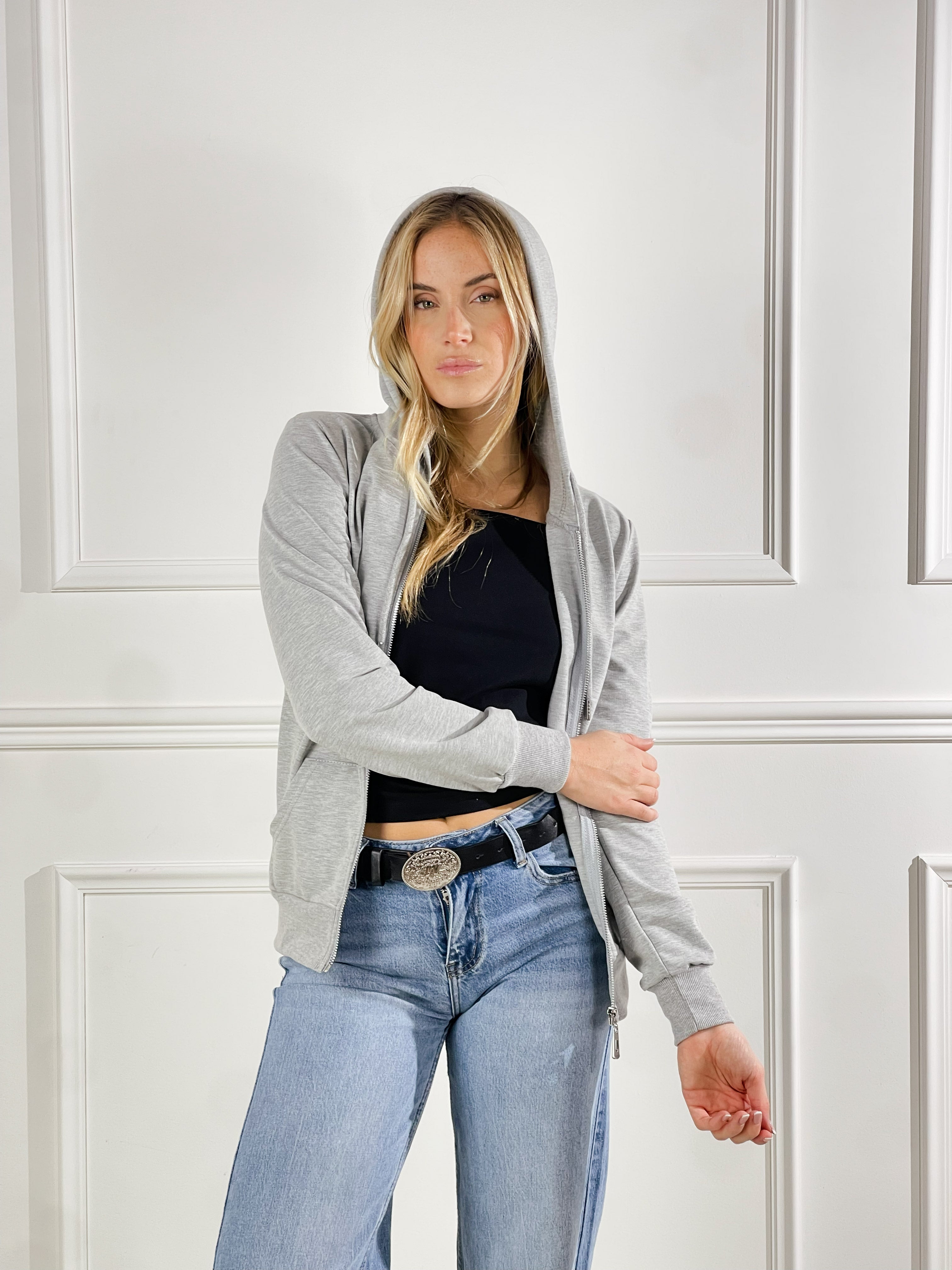 felpa Basic con cappuccio e zip|Colore:Grigio