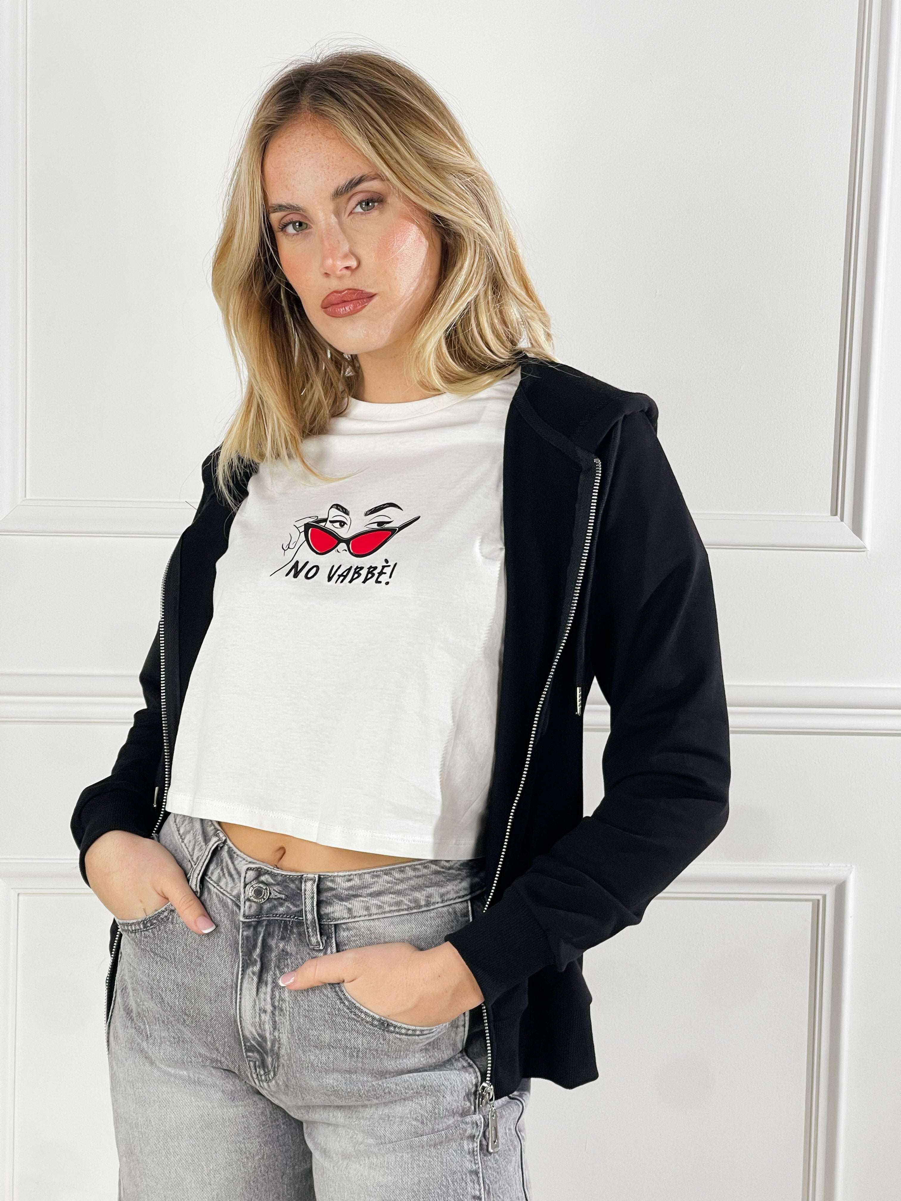 felpa Basic con cappuccio e zip|Colore:Nero