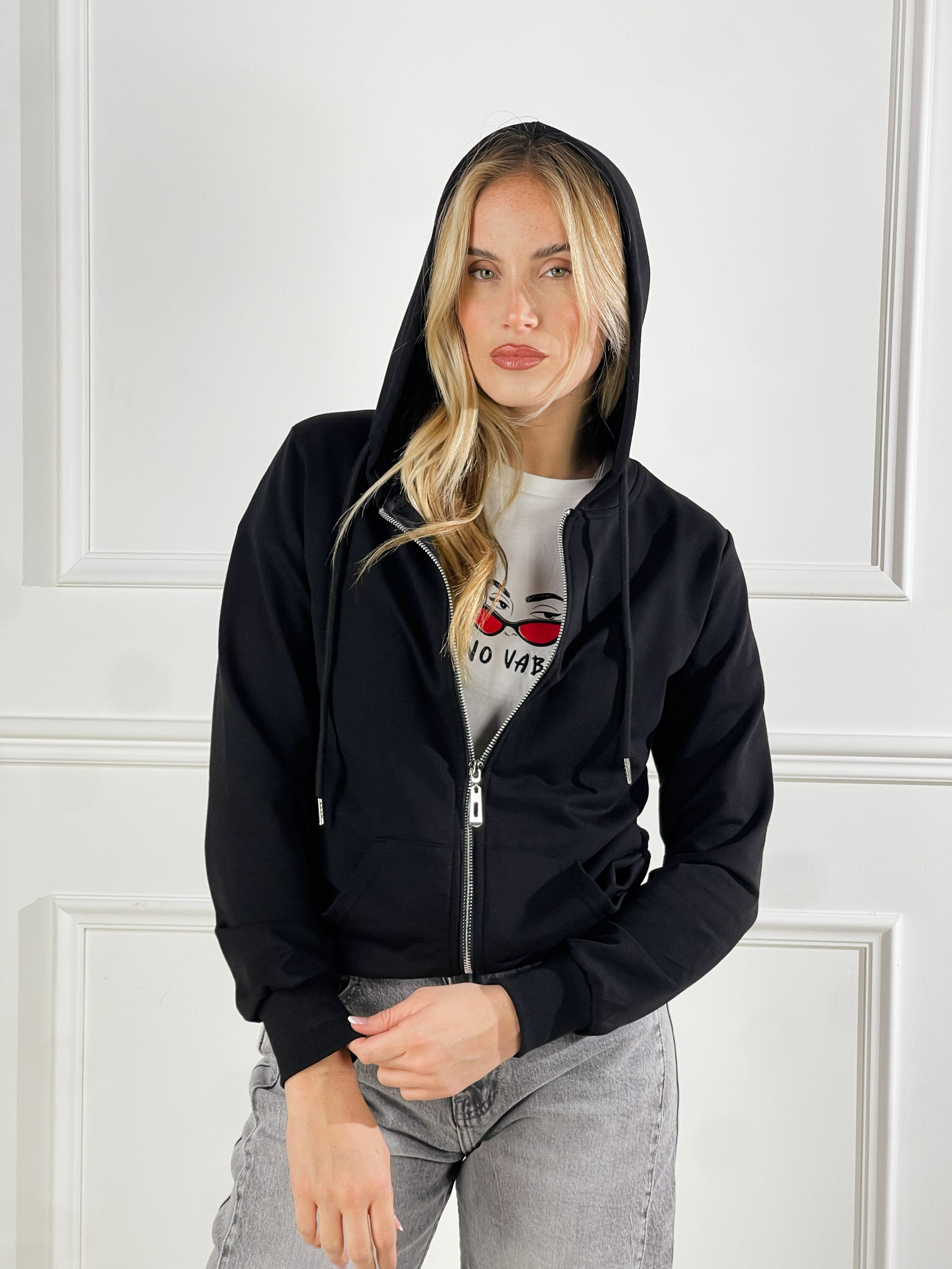 felpa Basic con cappuccio e zip|Colore:Nero