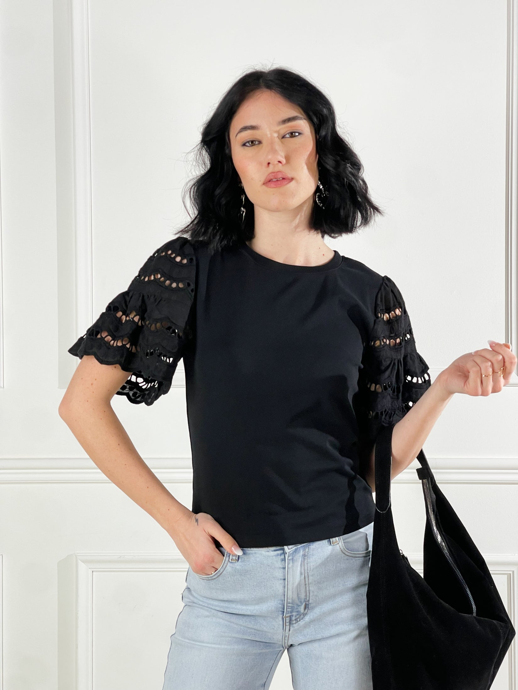 T-shirt manica in pizzo san gallo|Colore:Nero