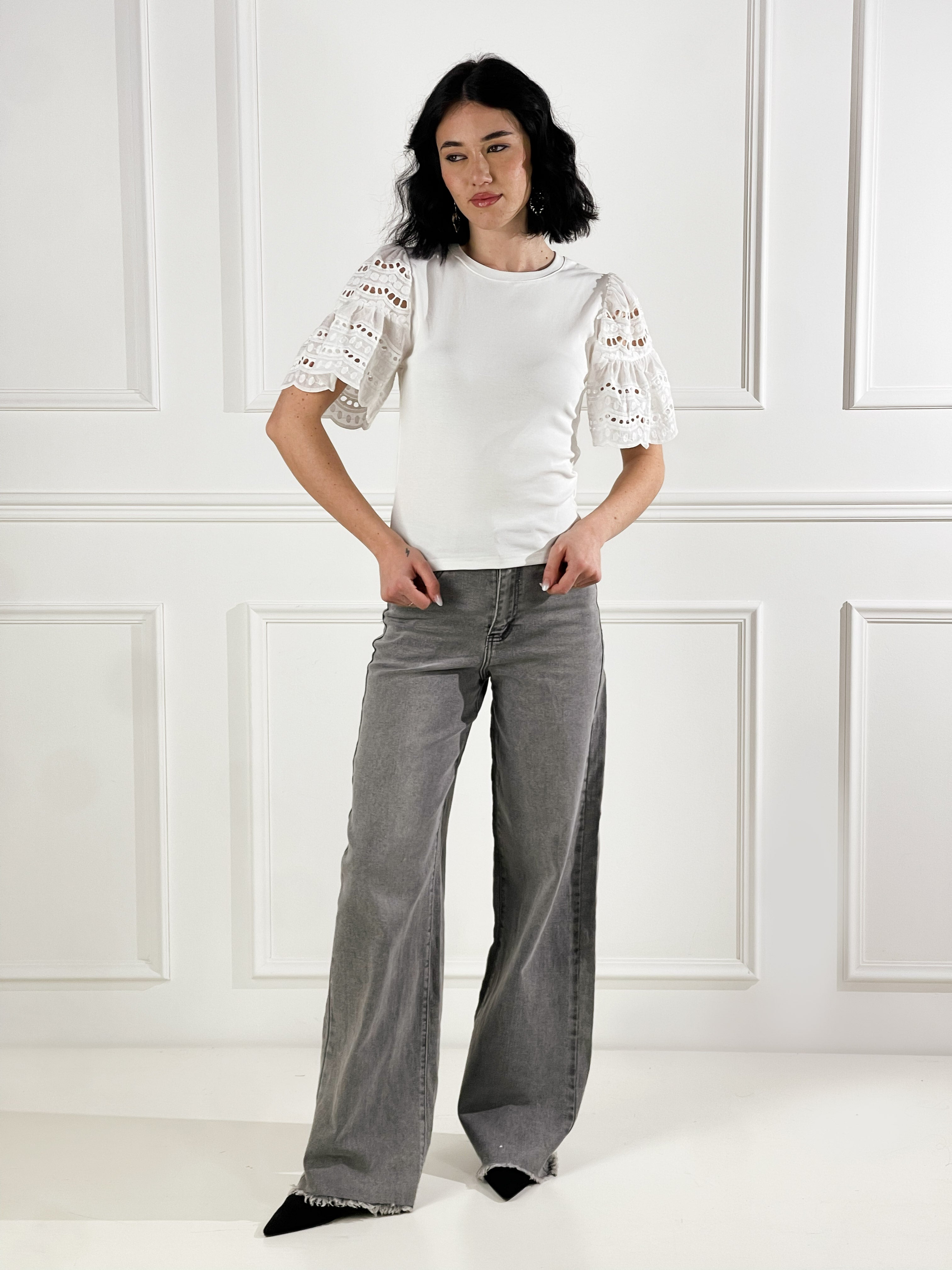 T-shirt manica in pizzo san gallo|Colore:Bianco