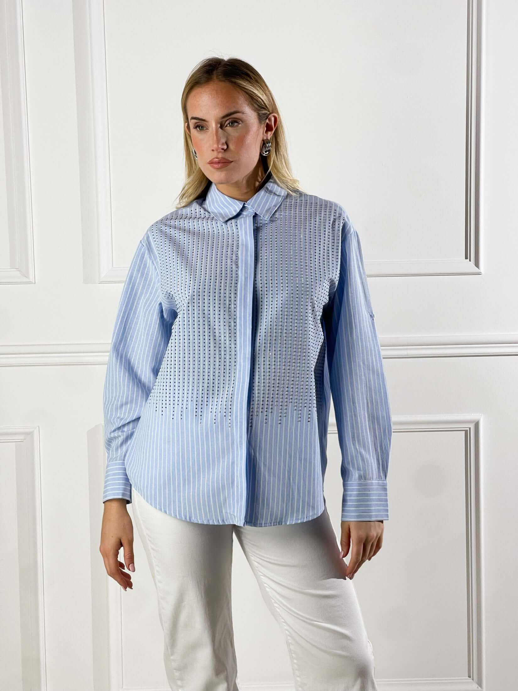 Camiciarigata con Strass|Colore:Celeste