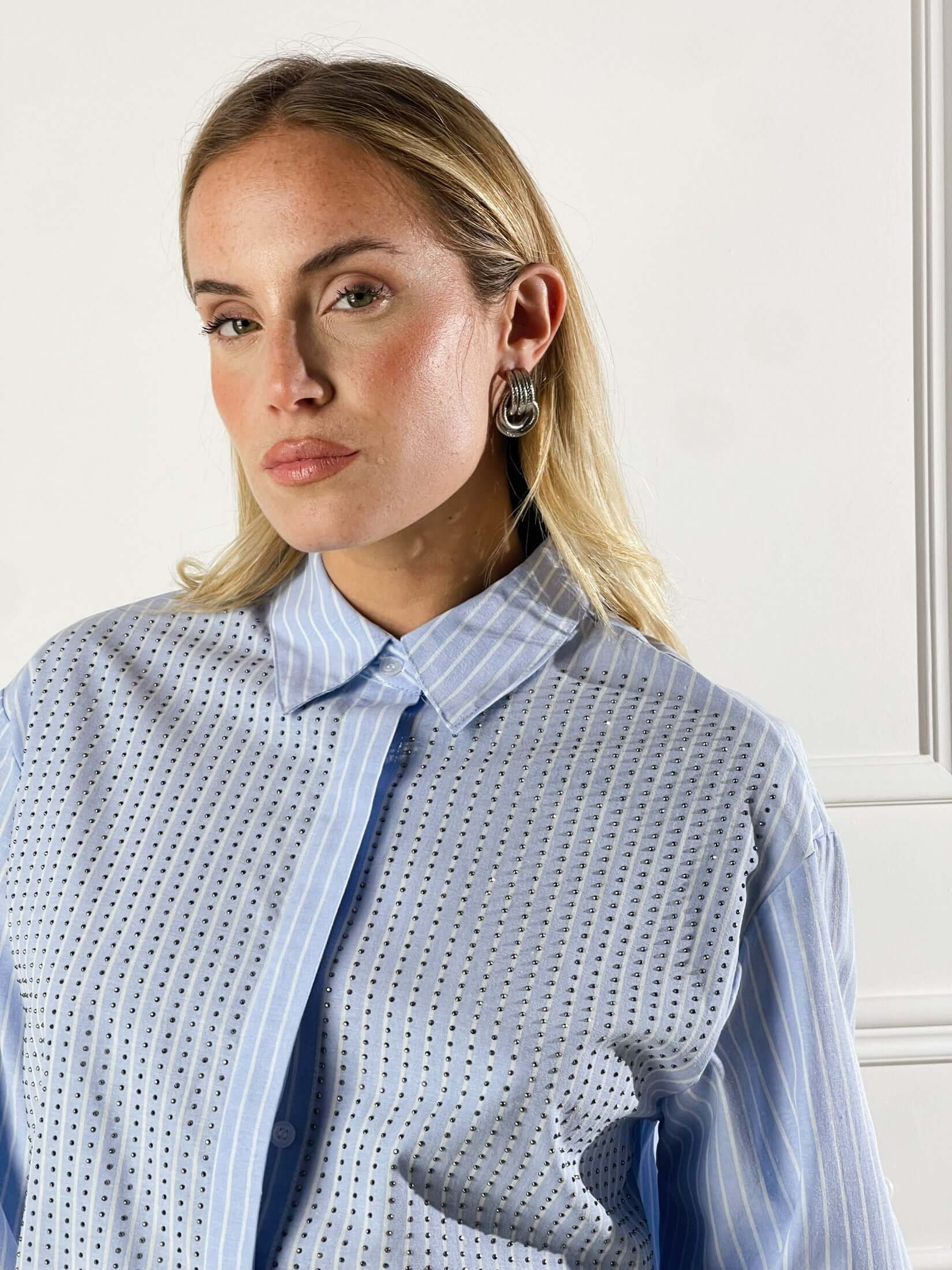 Camiciarigata con Strass|Colore:Celeste